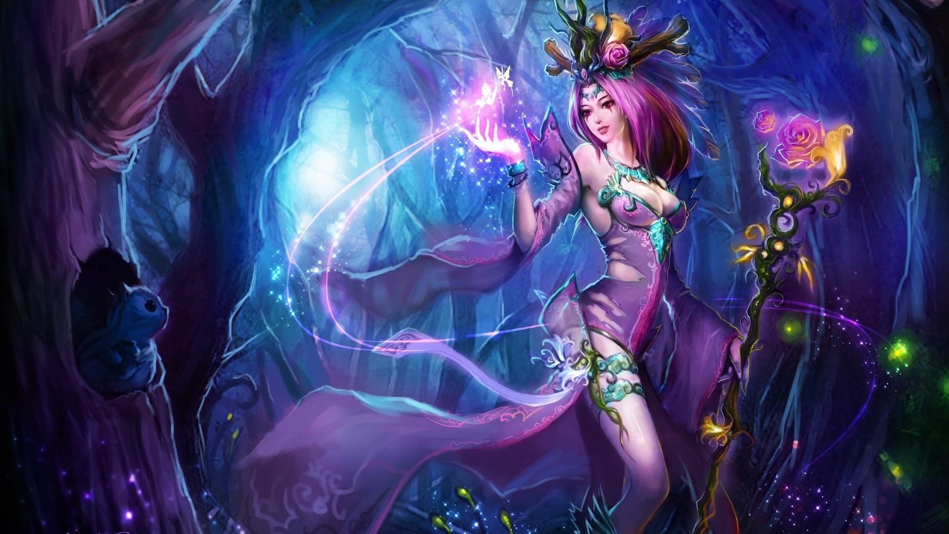 1920x1080 League of Legends Lulu fantasy art magic women forest trees wallpaperx1080
