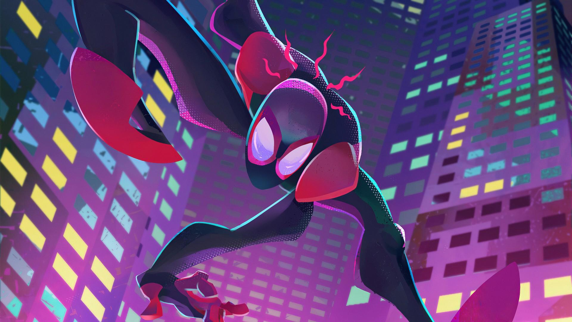 1920x1080 Spider Man Far From Home Spider Man With Background Of Purple Buildings 4K HD Spider Man Far From Home Wallpaper