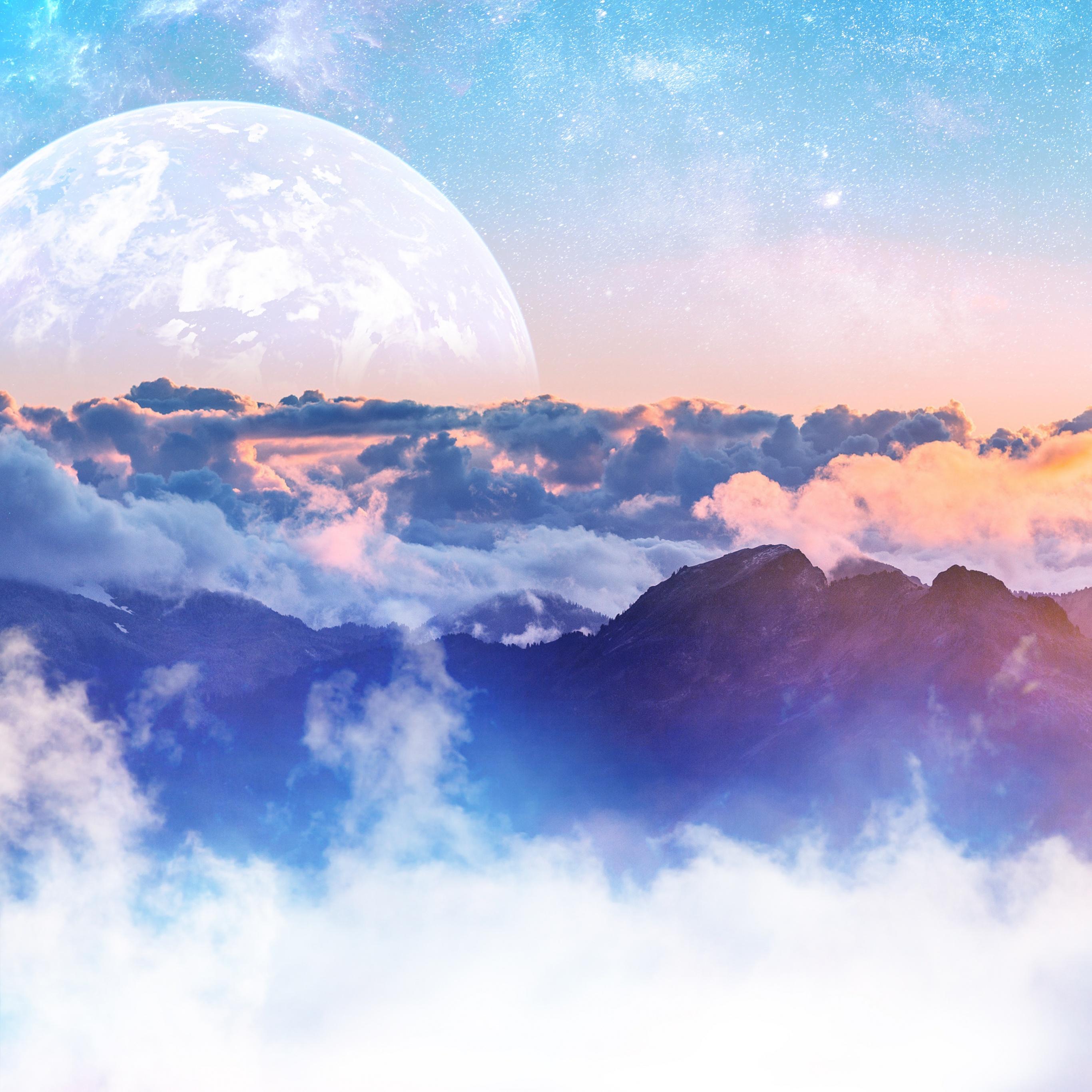 2732x2732 Above clouds Wallpaper 4K, Moon, Planet, Mountains, Nature