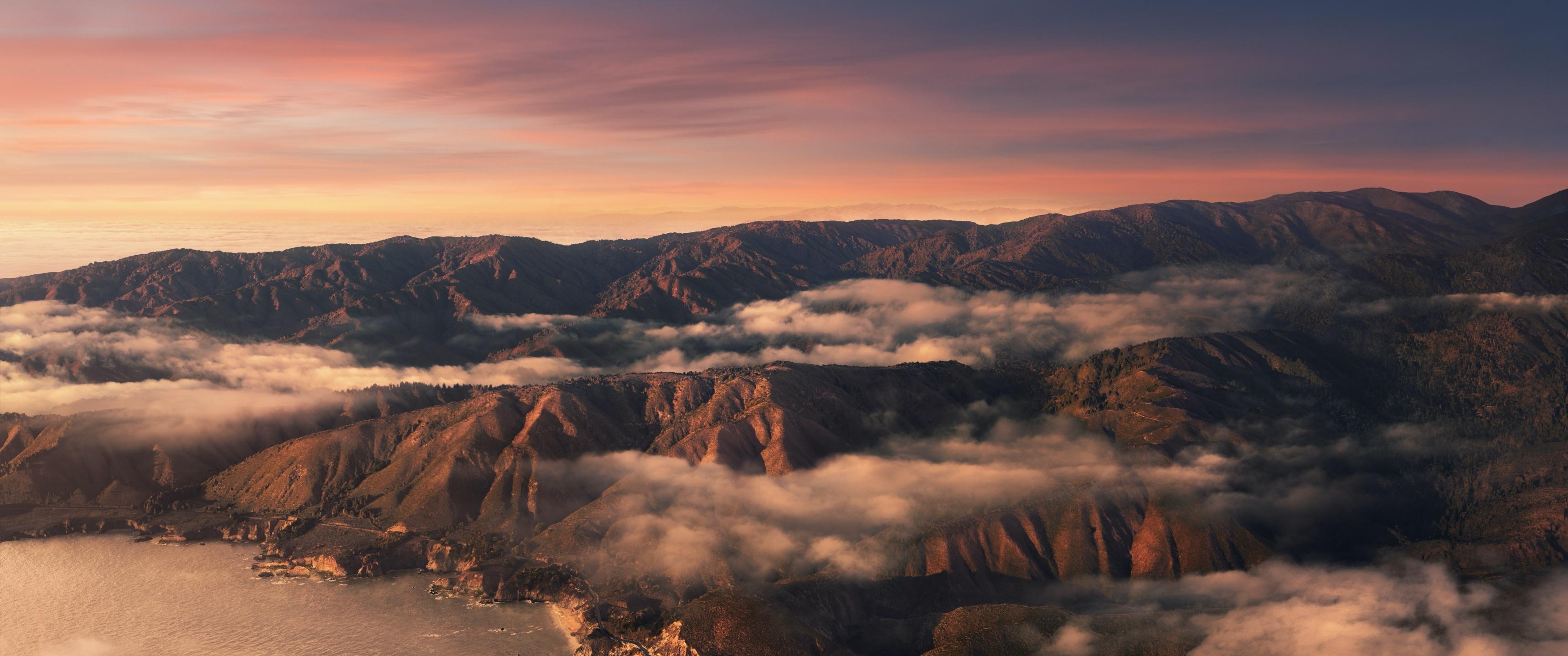 3440x1440 Big Sur Wallpaper 4K, Mountains, Clouds, Sunset, Evening, macOS, Nature