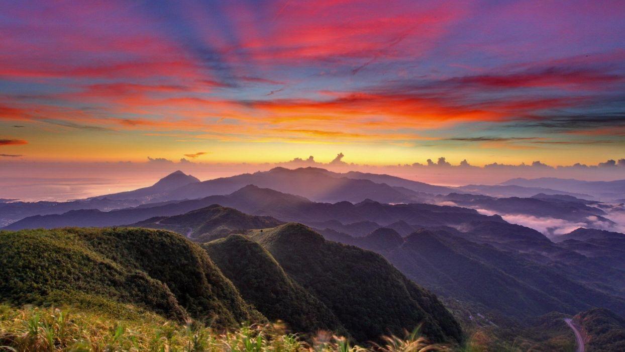 1244x700 Sunset mountains clouds landscapes nature hills wallpaperx1080