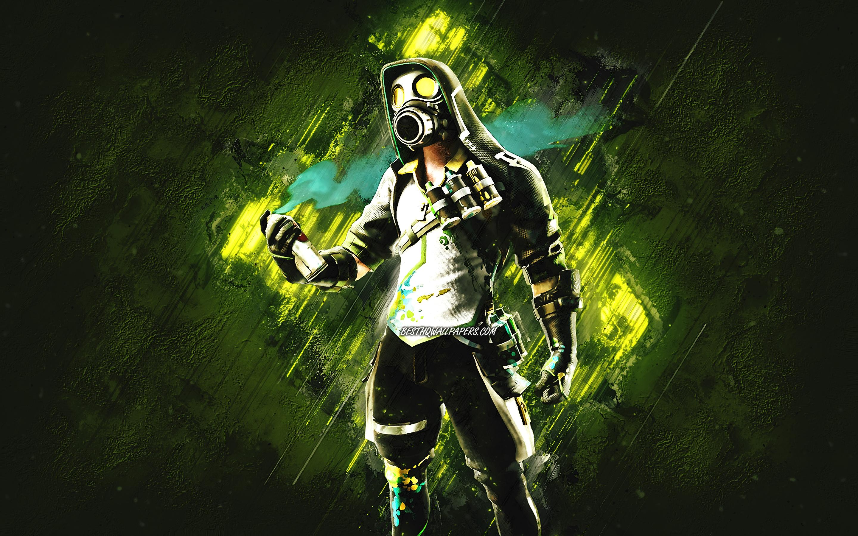 2880x1800 Download wallpaper Fortnite Toxic Tagger Skin, Fortnite, main characters, green stone background, Toxic Tagger, Fortnite skins, Toxic Tagger Skin, Toxic Tagger Fortnite, Fortnite characters for desktop with resolution 2880x1800. High Quality HD