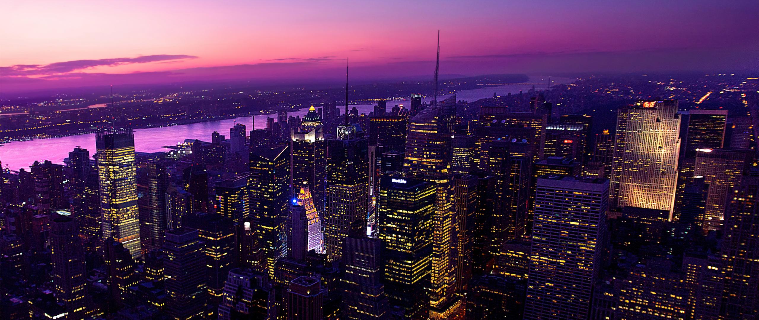2560x1080 New York City Wallpaper 4K, Twilight, Evening, City lights, Dark, Night, World