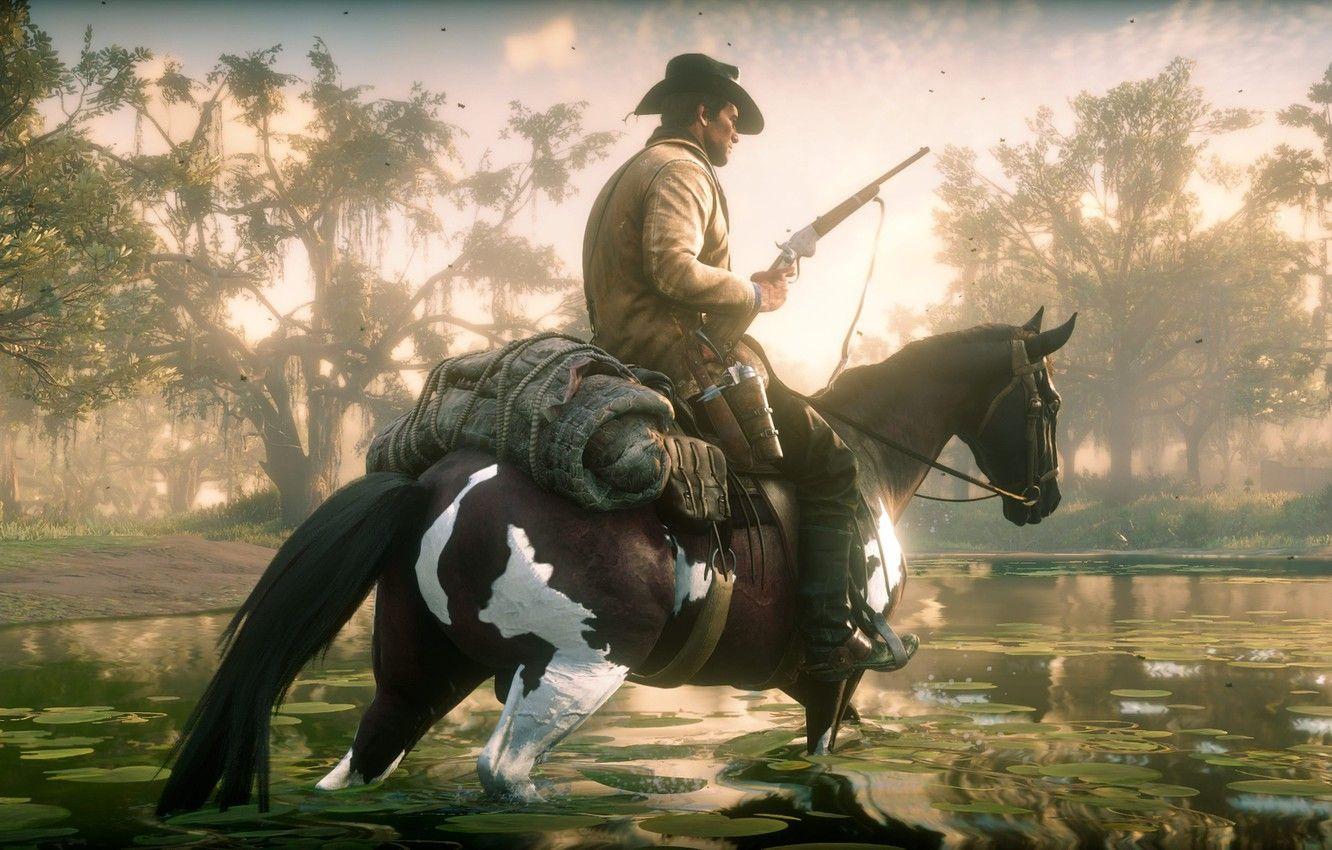 1332x850 Wallpaper hair, horse, hat, the gun, swamp, Rockstar, Bandit, Red