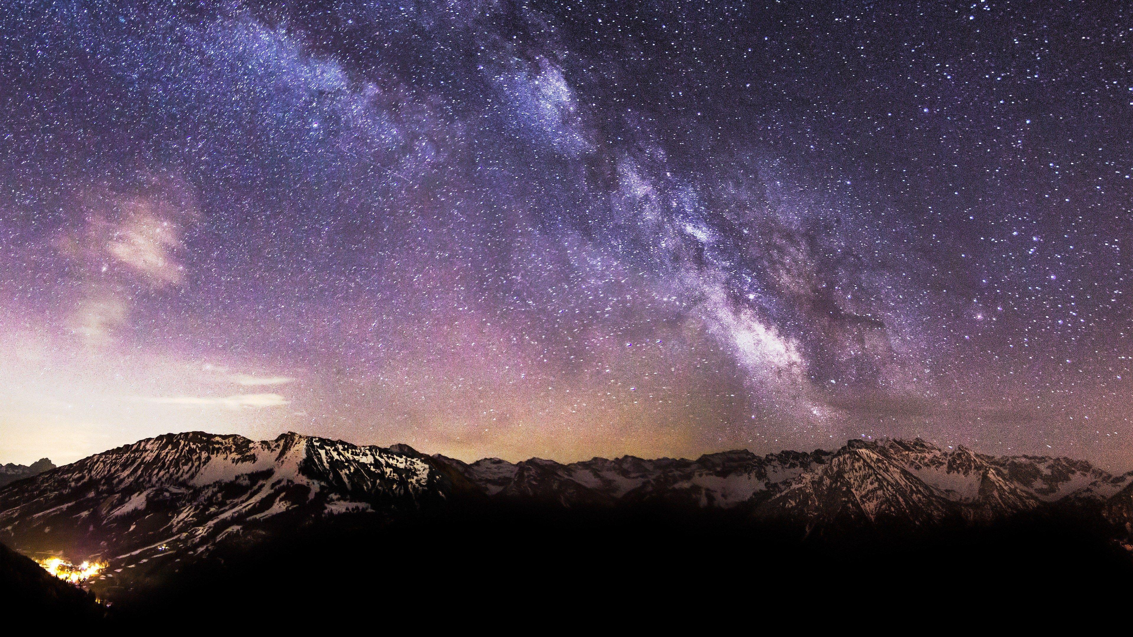 3840x2160 Milky Way Stars Snow Mountains Hình nền máy tính 4K Ultra HD