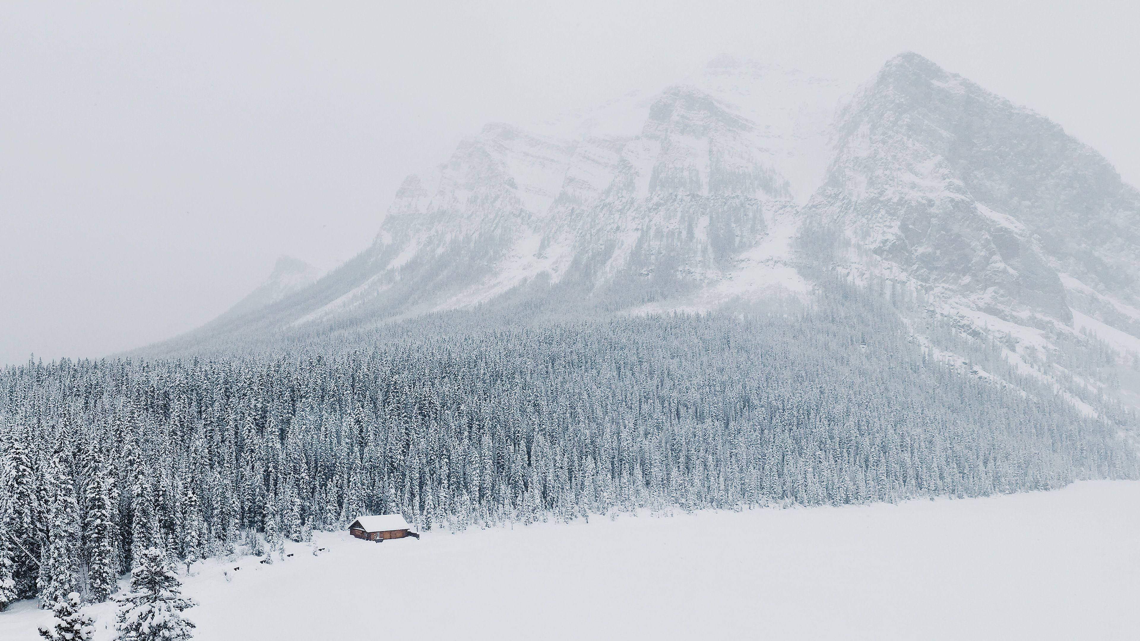 3840x2160 Phong cảnh mùa đông Cabin trên núi trong rừng Hình nền máy tính 4K Ultra HD