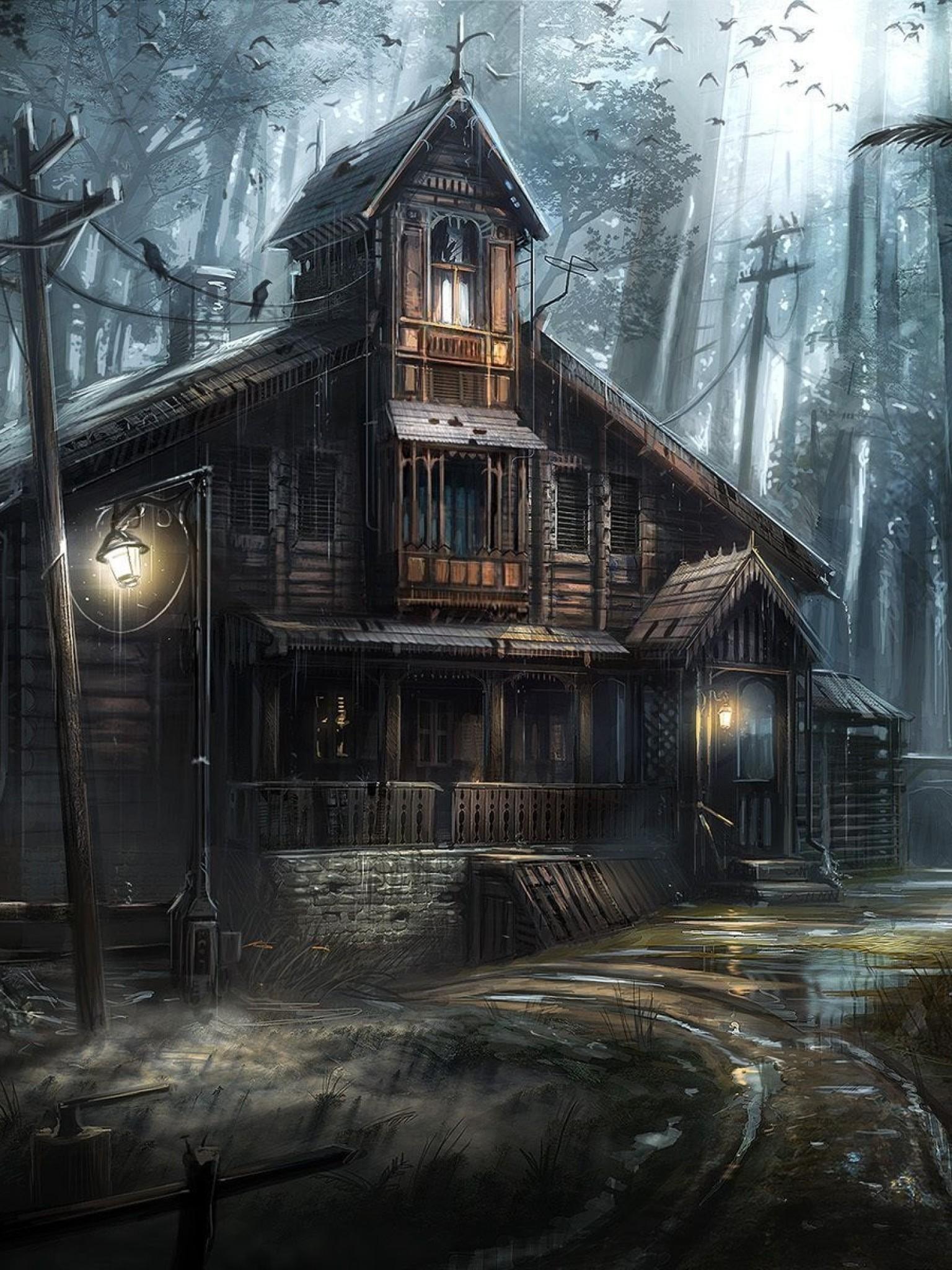 1536x2048 horror house wallpaper, adventure game, house, building, illustration, log cabin