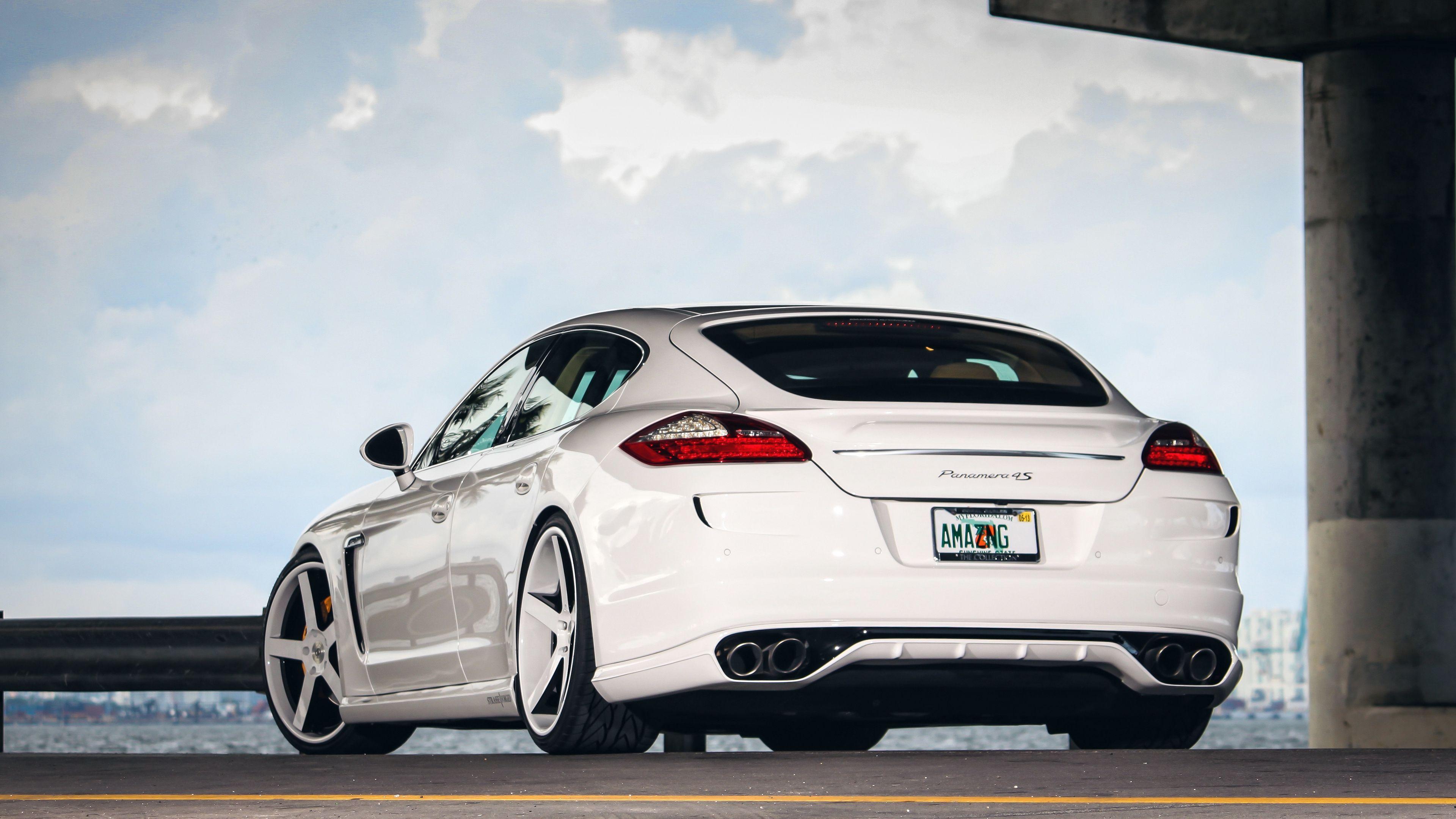 3840x2160 Download wallpaper 3840x2160 porsche, panamera, rear view, white
