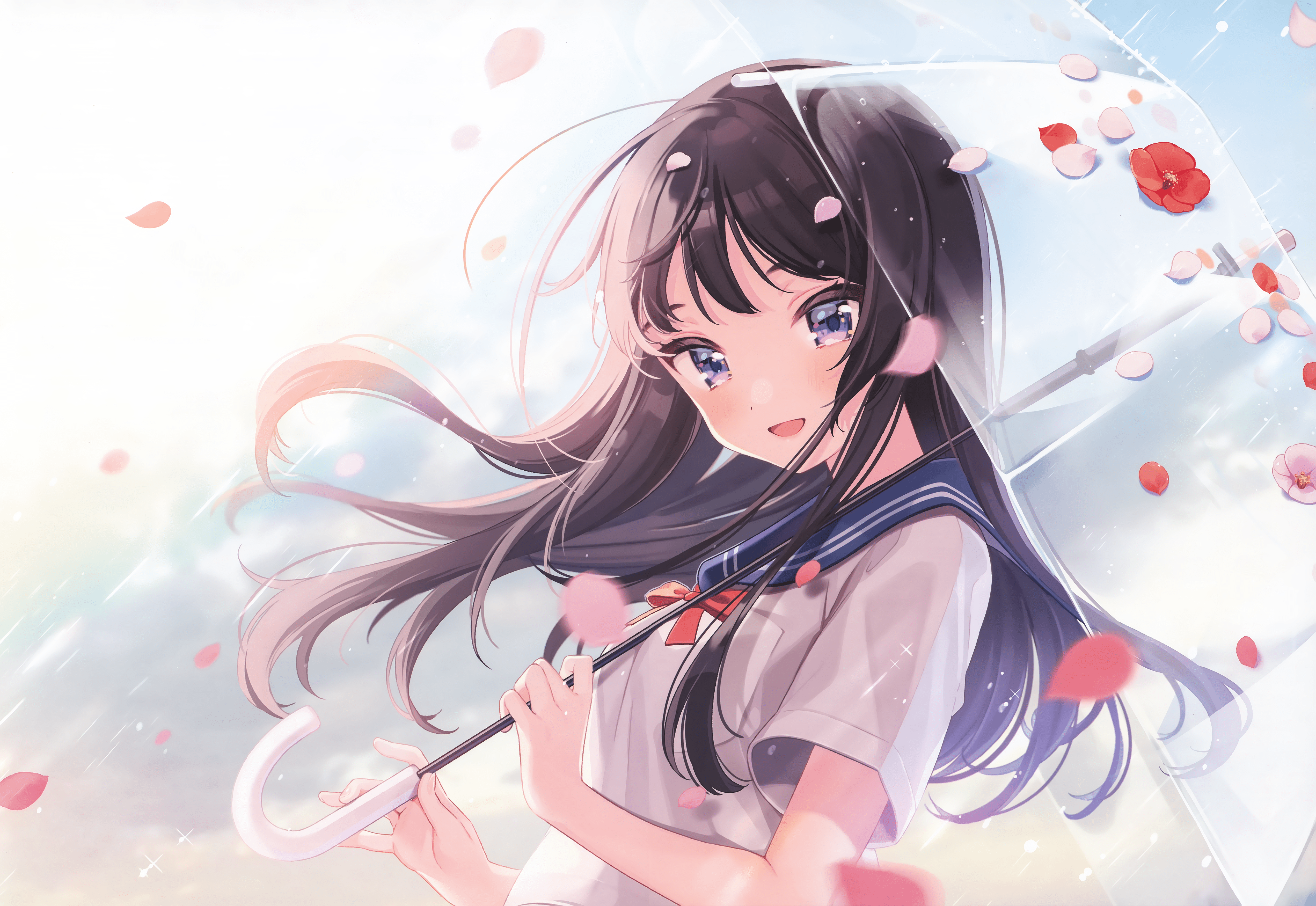 5084x3500 4K Ultra HD Wallpaper: Blue Eyed, Black Haired Anime Schoolgirl With Umbrella By YORUx3500