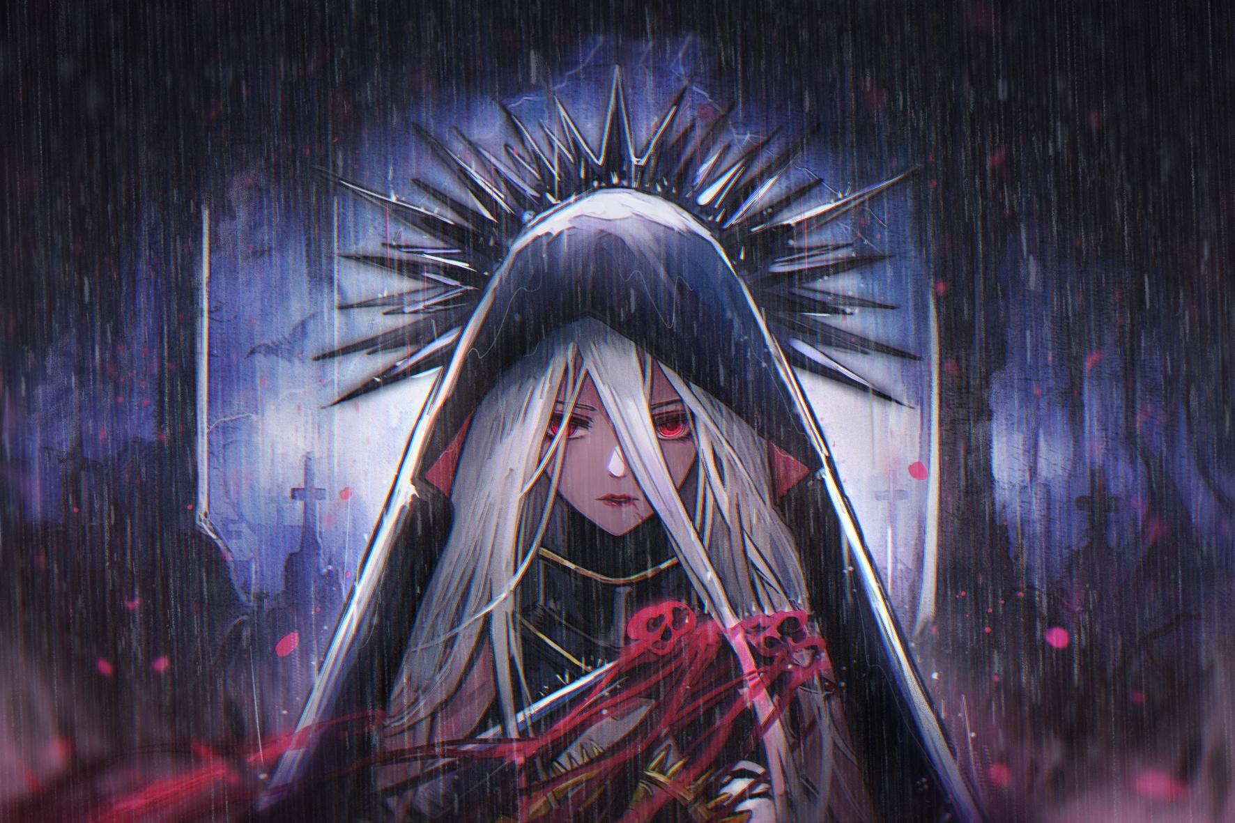 1772x1181 Anime Anime Girls Dungeon And Fighter Dark Templar Red Eyes Trees Rain Blonde Long Hair Cemetery Spi Wallpaper:1772x1181
