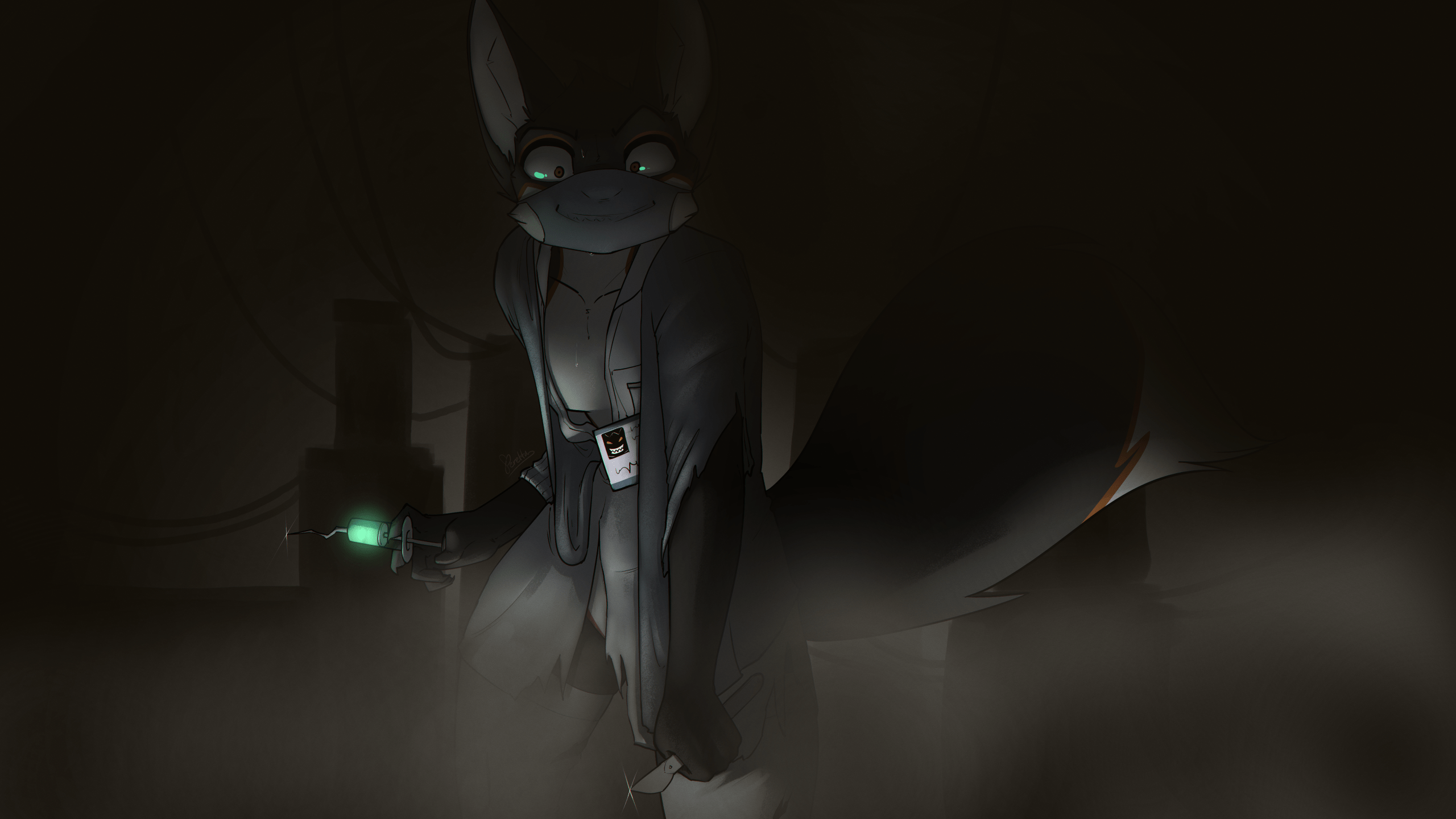 2560x1440 Furry Feretta Fox Girl Dark Mist Scientists Crazy Face Anthro Wallpaper:2560x1440