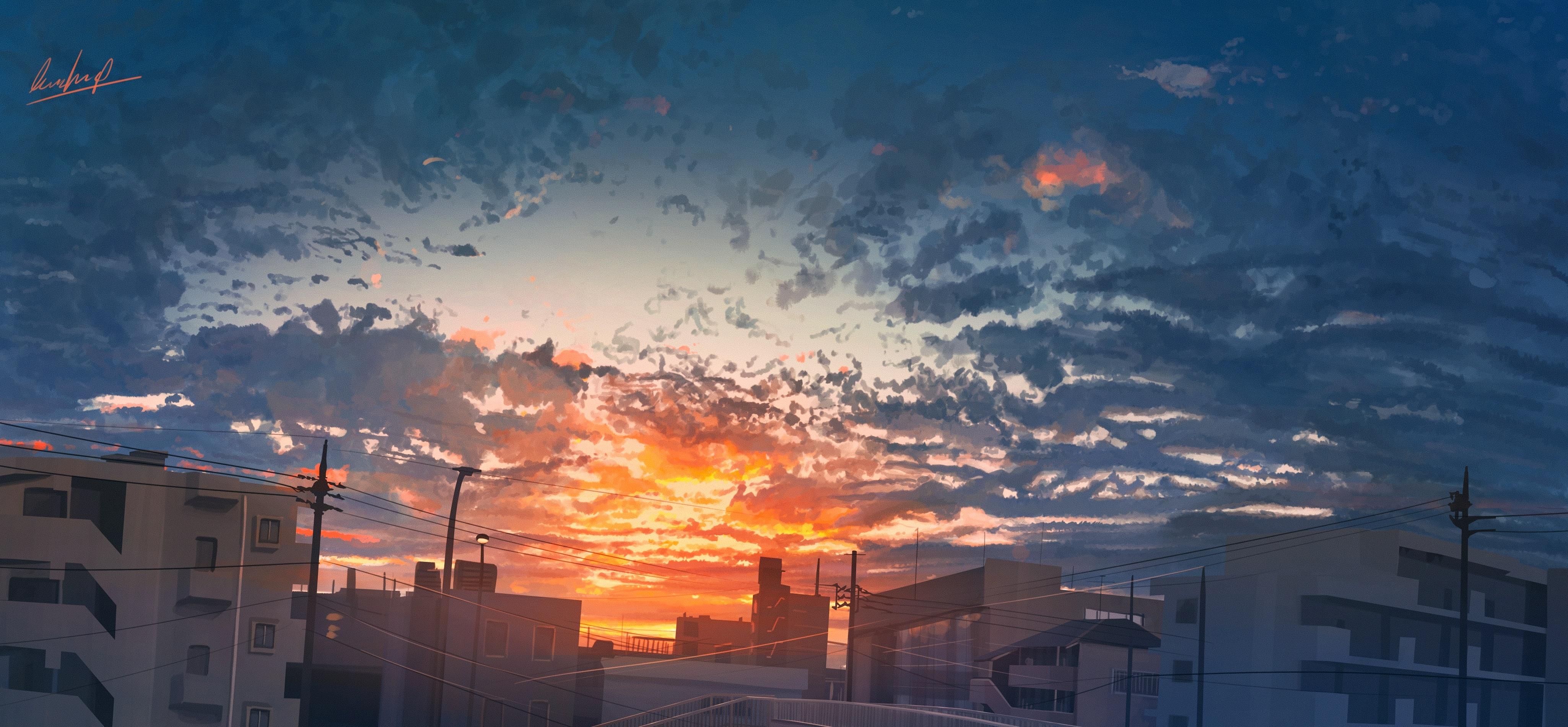 4100x1900 Download 4100x1900 Anime City, Sunset, Buildings, Clouds, Dawn, Scenic Wallpaper