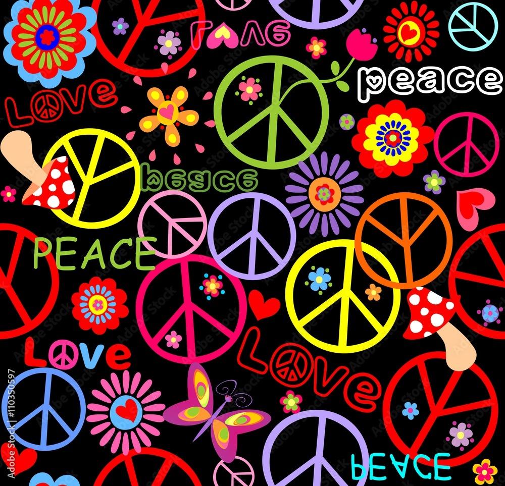 1000x963 Hippie wallpaper with peace symbol, mushrooms and abstract flowers Stock Vector