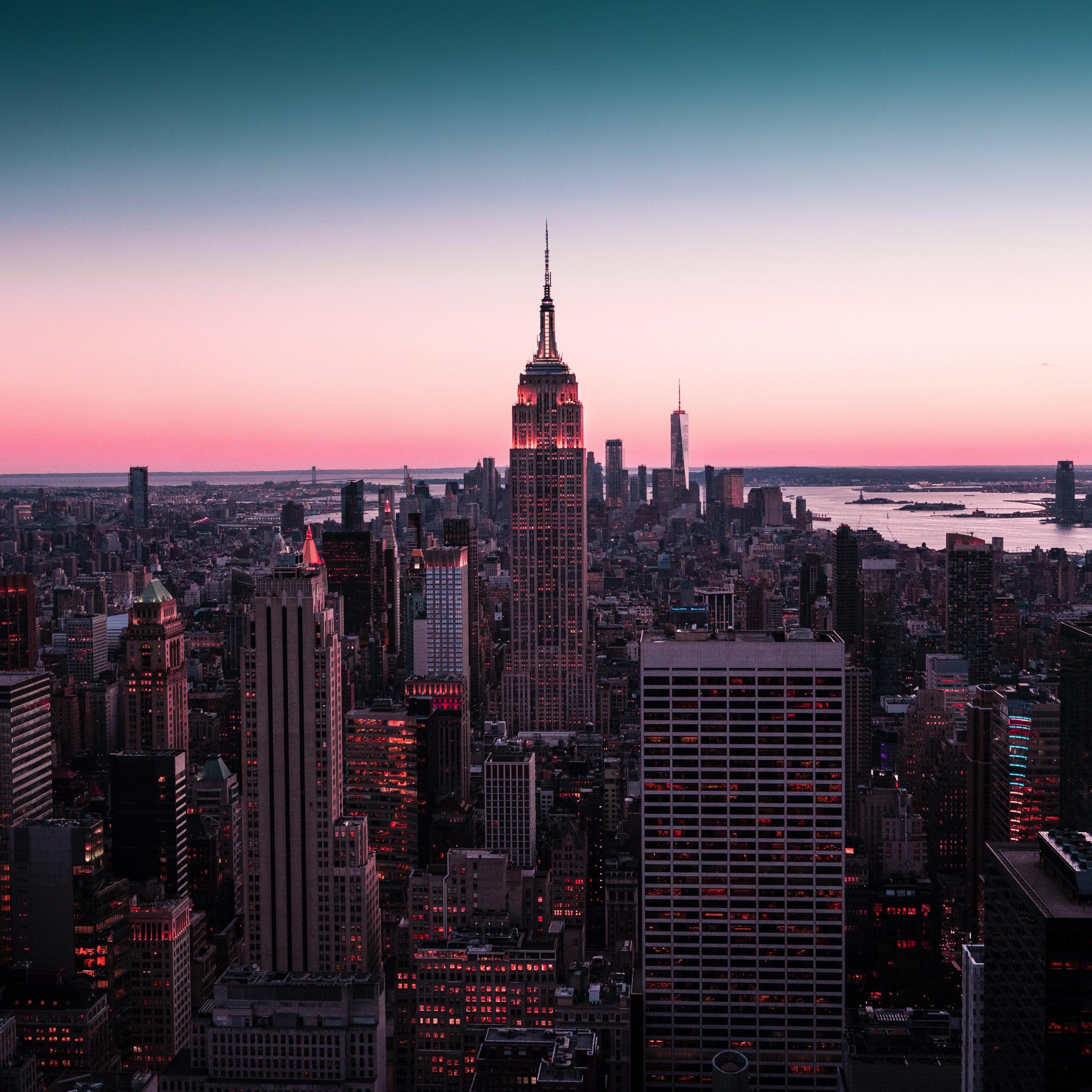 2732x2732 Empire State Building Wallpaper 4K, New York City, Cityscape, Sunset, City lights, World