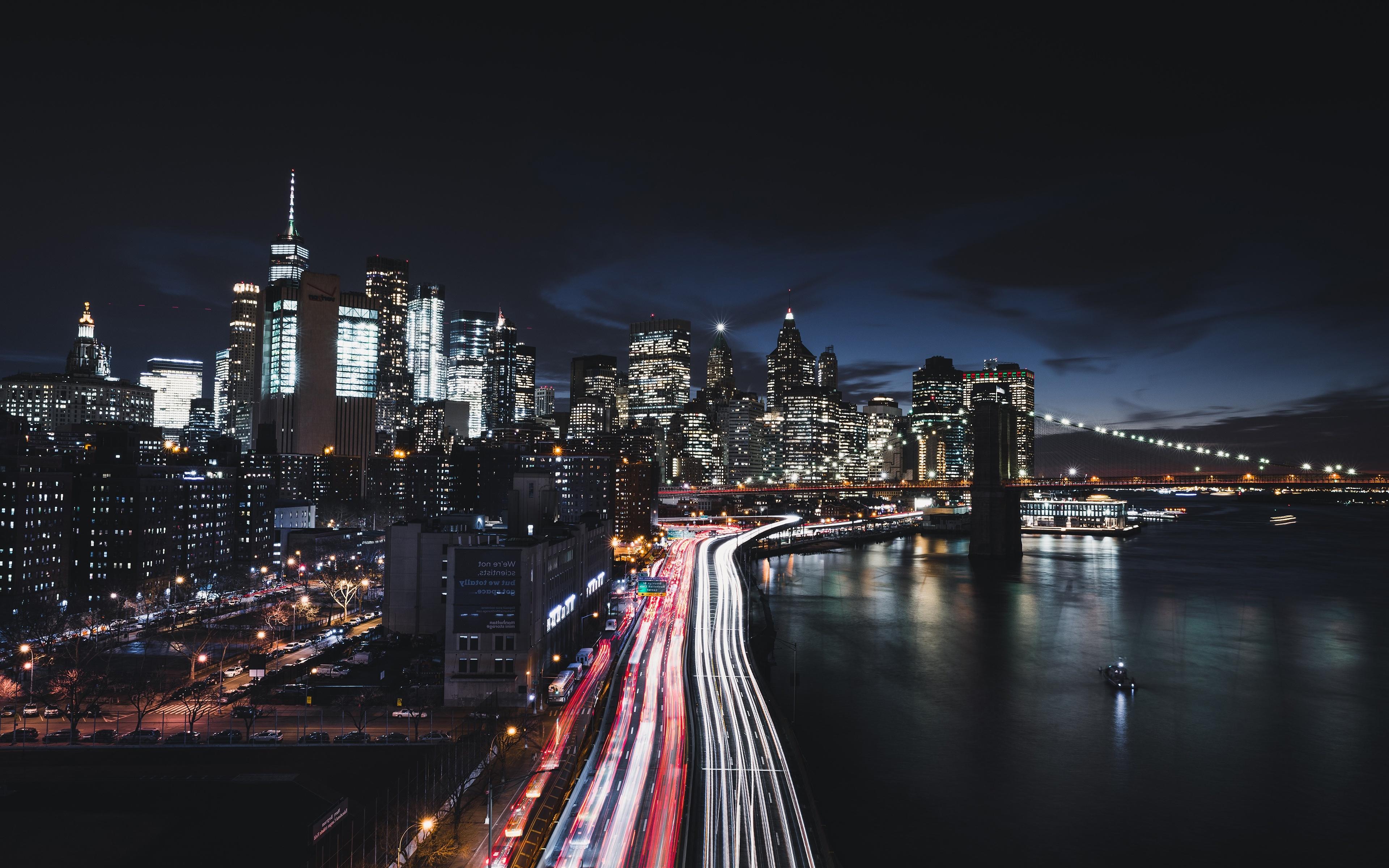 3840x2400 Wallpaper Bridge, Buildings, Night, Timelapse, Manhattan, New York City, Boat:3840x2400