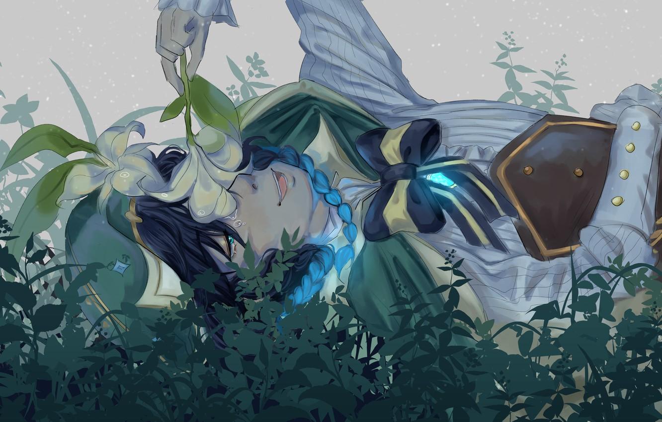 1332x850 Wallpaper grass, Lily, guy, Genshin Impact, Venti image for desktop, section игры