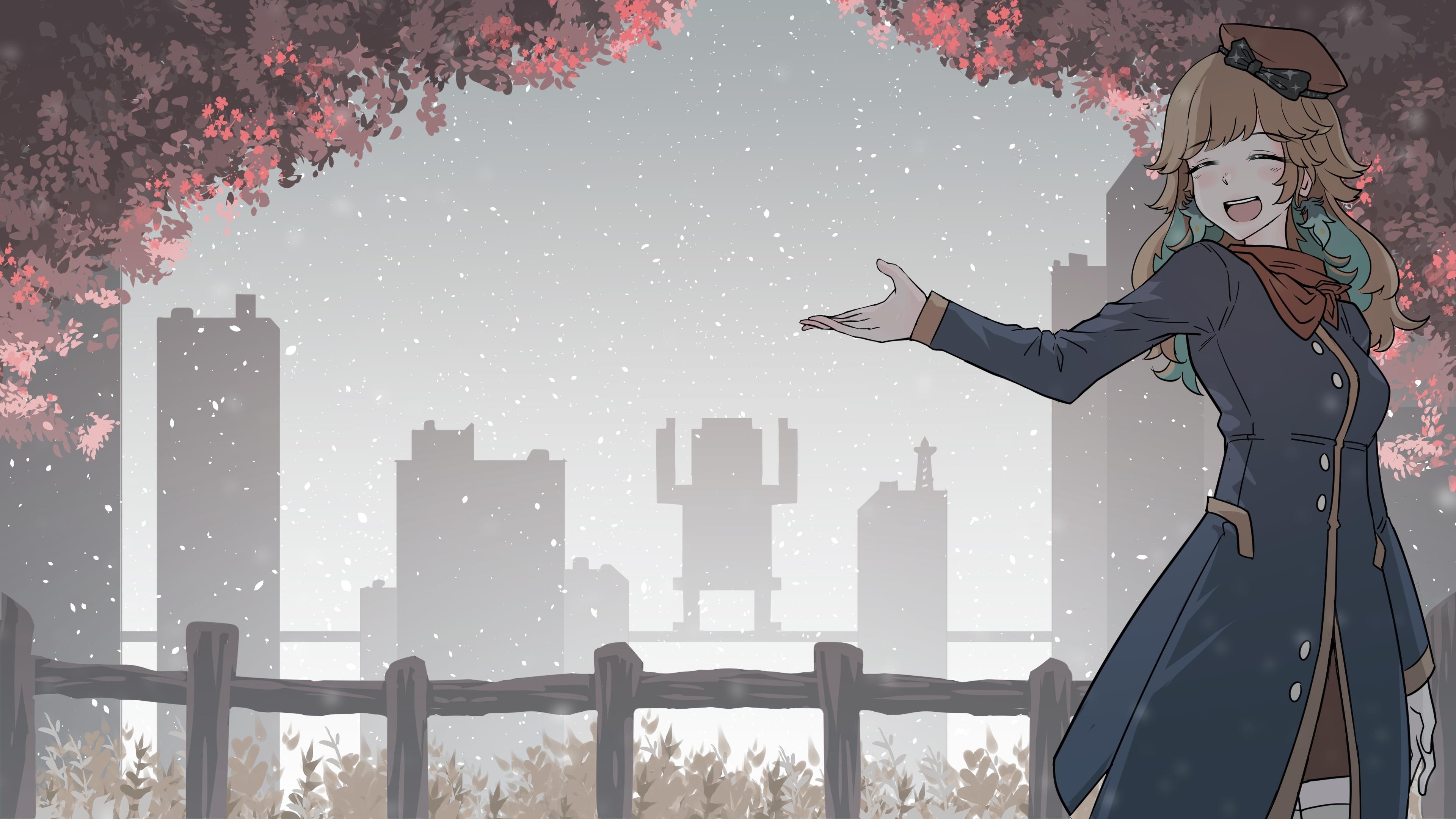 3840x2160 Wallpaper Virtual Youtuber, Winter, Smiling, Buildings, Snow, Trees, Takanashi Kiara:3840x2160