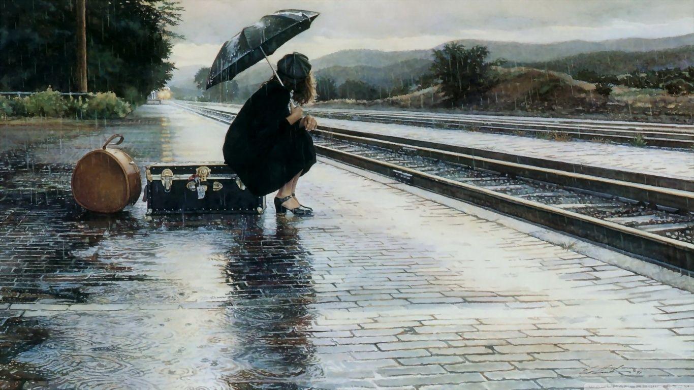1366x768 Waiting for train in the rainy day lonely Dream Wallpaper