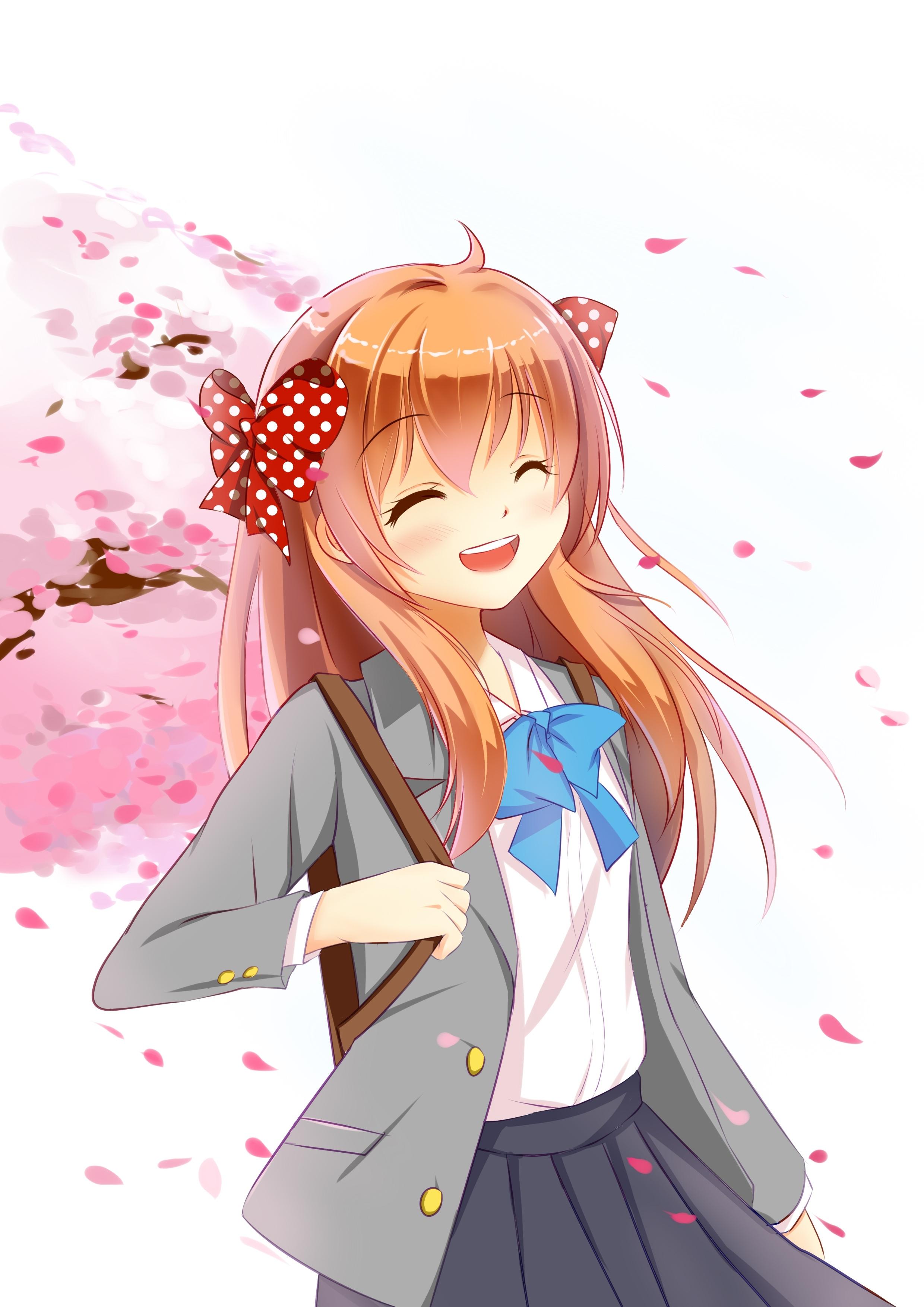 2480x3507 Wallpaper Sakura Chiyo, Smiling, Gekkan Shoujo Nozaki Kun, Cherry Blossom, Orange Hair, School Uniform:2480x3507