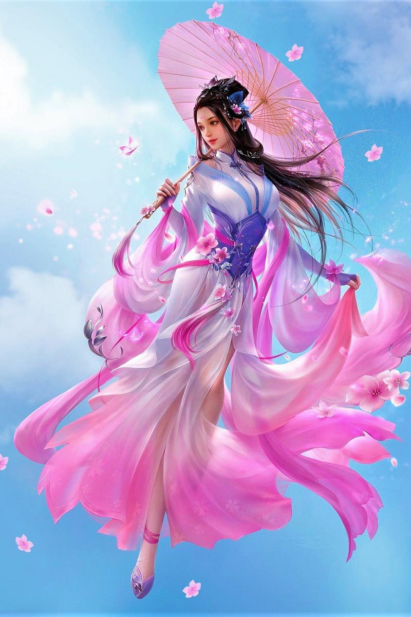 800x1200 Fantasy angel girl in pink dress in sky with umbrella wallpaper