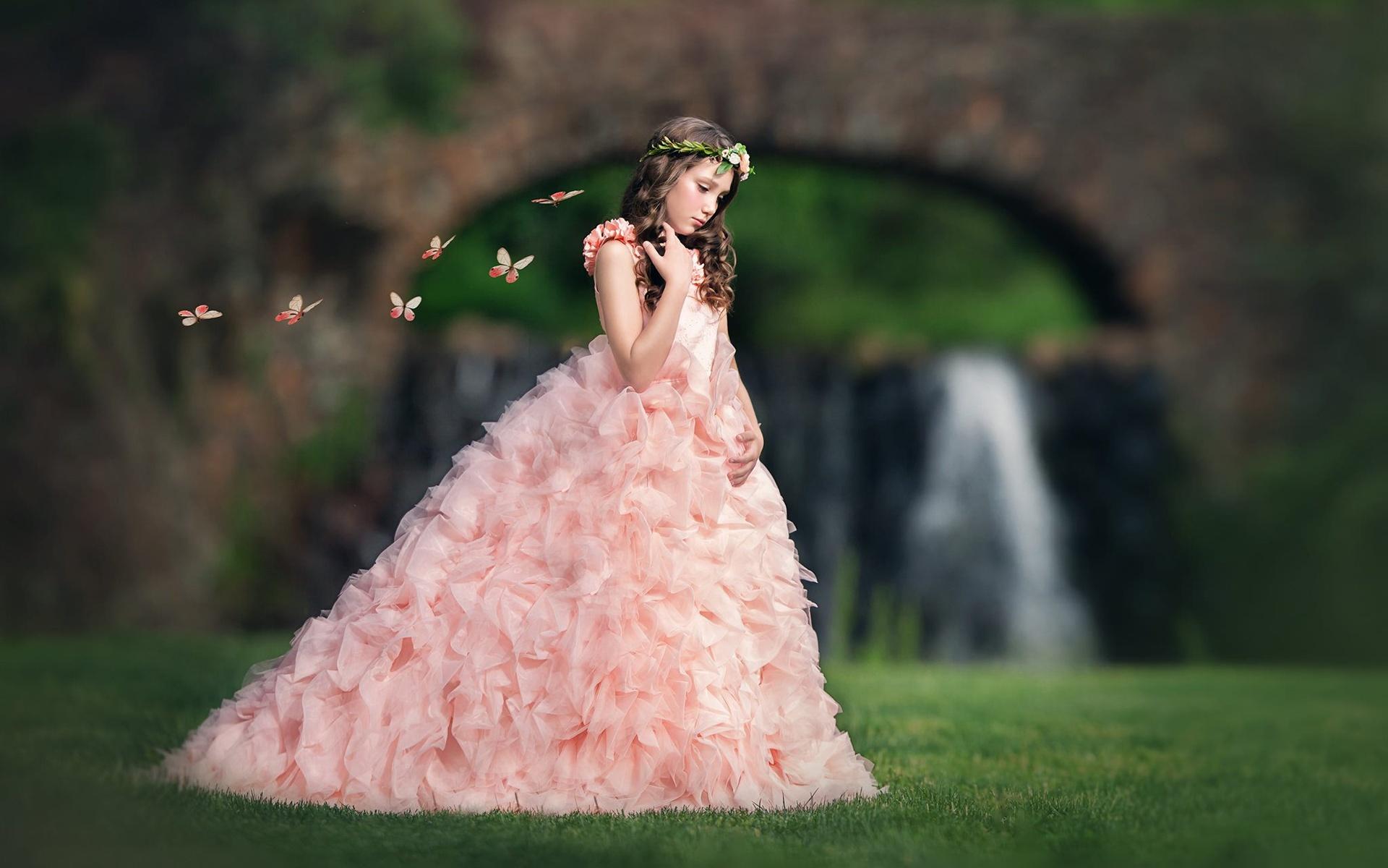 1920x1200 Wallpaper Pink dress girl, child, grass, butterfly 1920x1200 HD Picture, Image