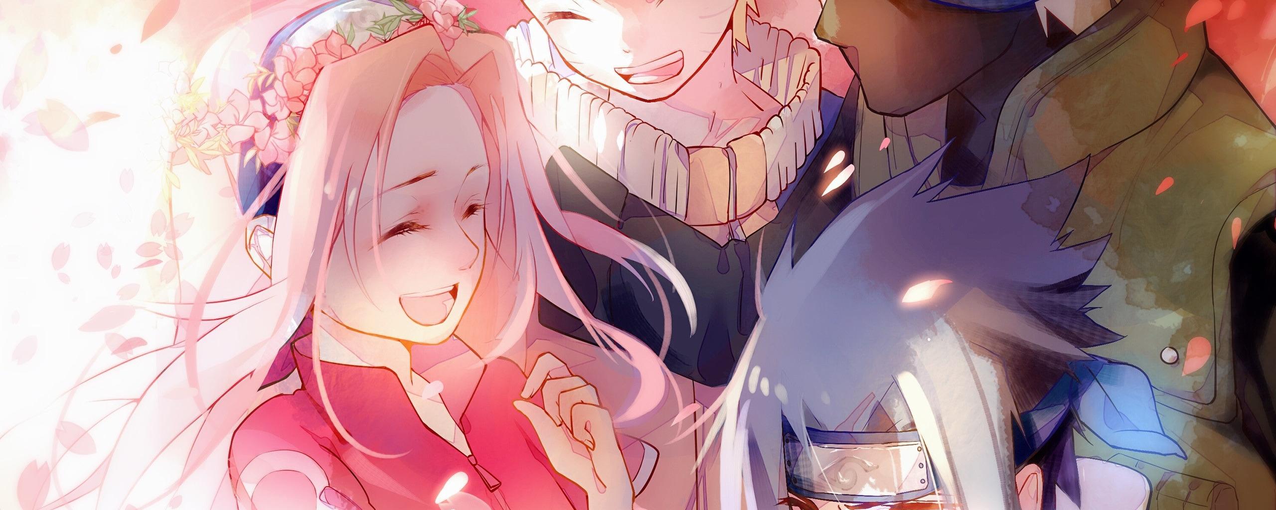 2560x1024 Download wallpaper team, Naruto, friends, wreath, smile, ninja, pink hair, Sasuke Uchiha, Sakura Haruno, Naruto Uzumaki, Hatake Kakashi, Naruto Uzumaki, bandage on forehead, the emblem of Konoha, section shonen in resolution 2560x1024