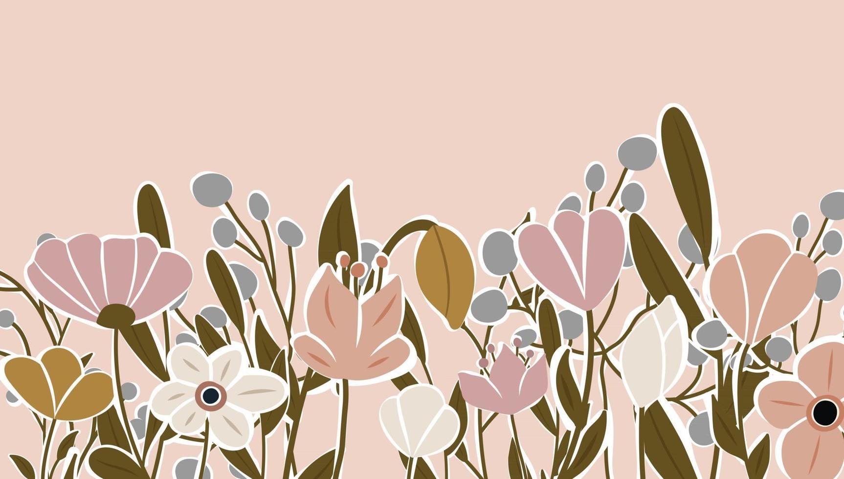 1726x980 Horizontal backdrop decorated with blooming flowers and leaves border. Abstract art nature background vector. Trendy plants frame. flower garden. Botanical floral pattern design for summer sale banner
