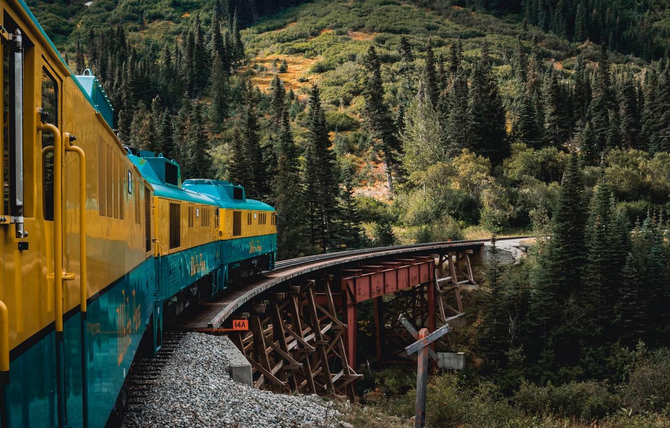 1332x850 Wallpaper Alaska, forest, trees, nature, yellow, bridge, blue, mountains, landscapes, train, rails, tracks, train tracks, 4k uhd background image for desktop, section пейзажи