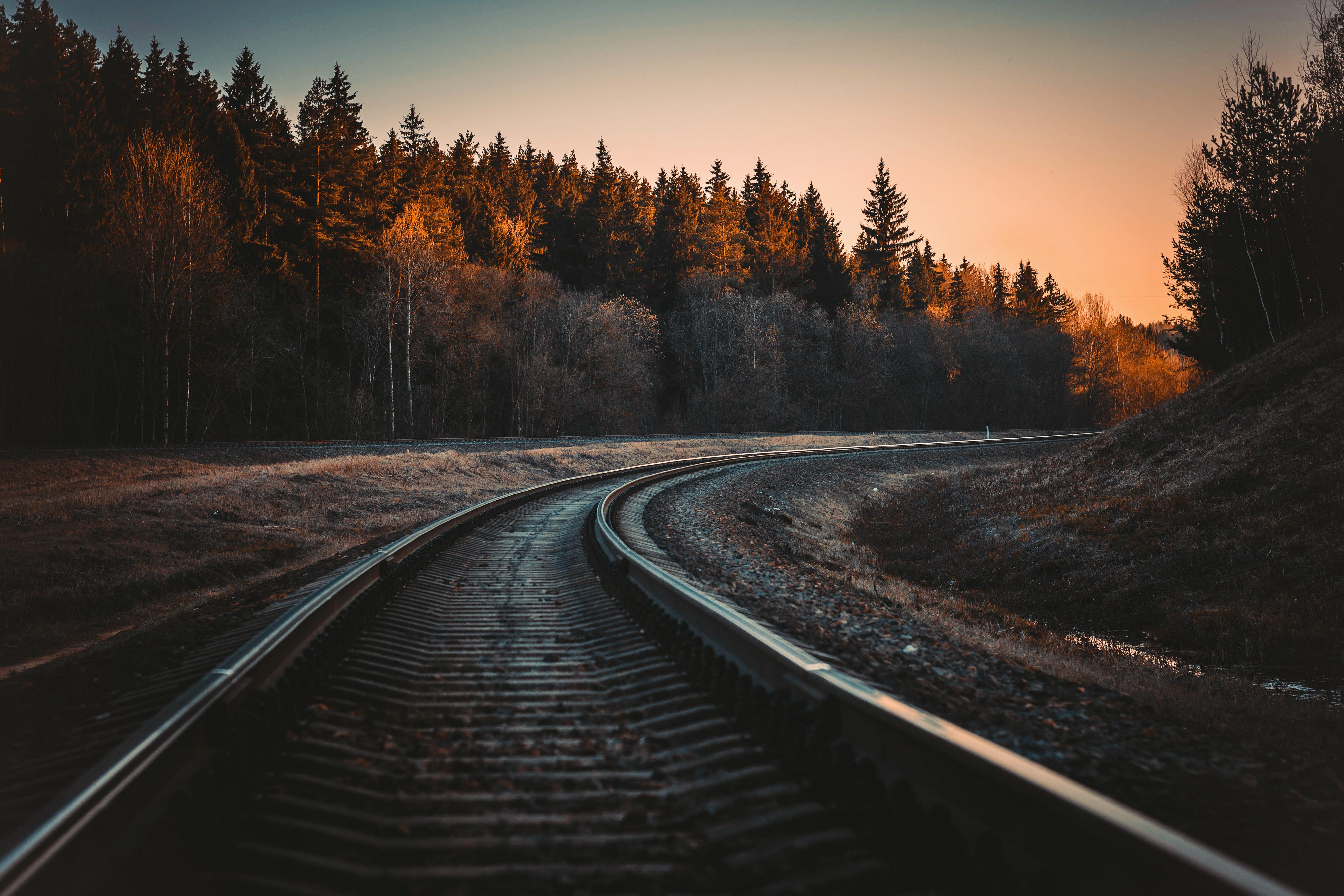 5466x3644 Railway track Wallpaper 4K, Trees, Golden hour, Dusk, Curve, Outdoor, 5K, Nature