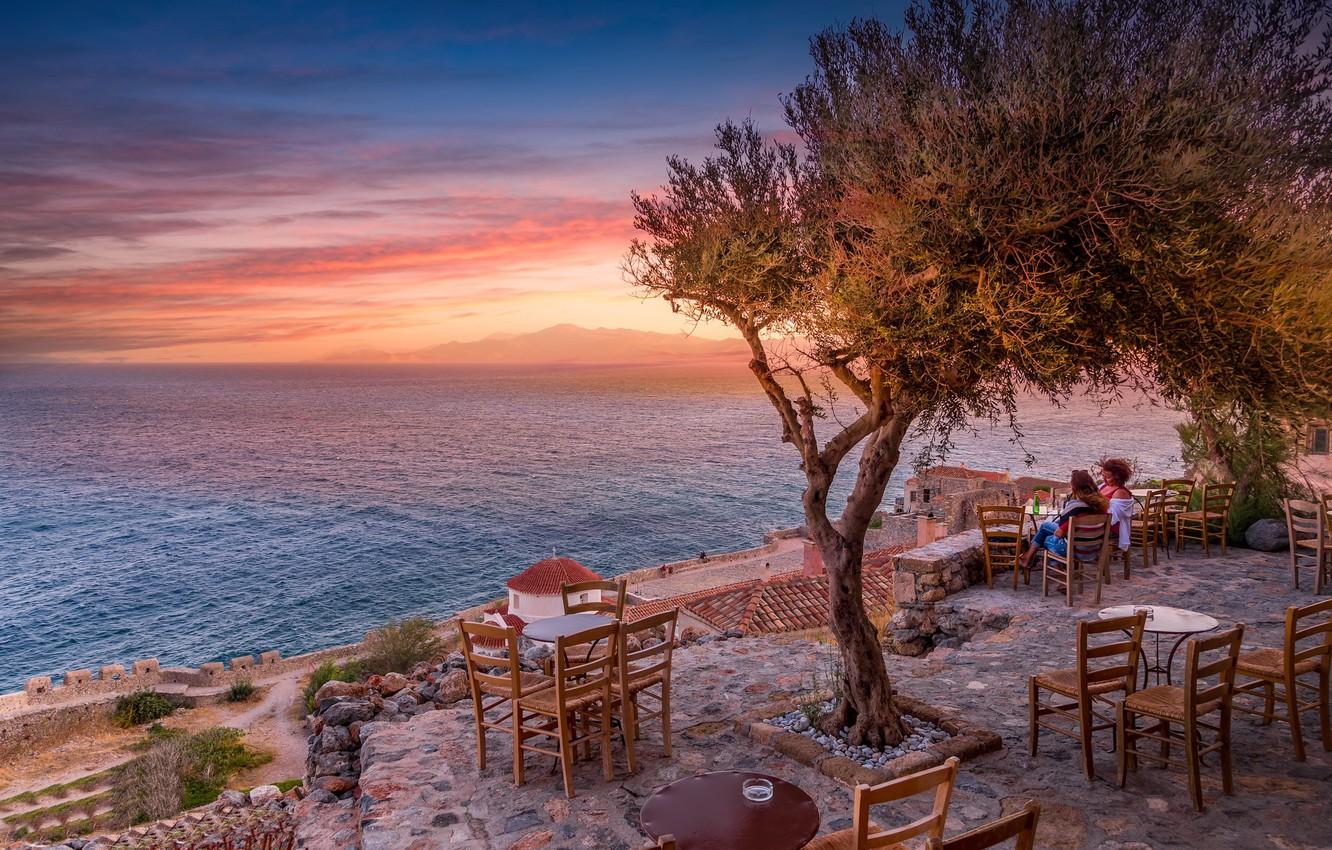 1332x850 Wallpaper sea, sunset, shore, Greece, Monemvasia image for desktop, section пейзажи