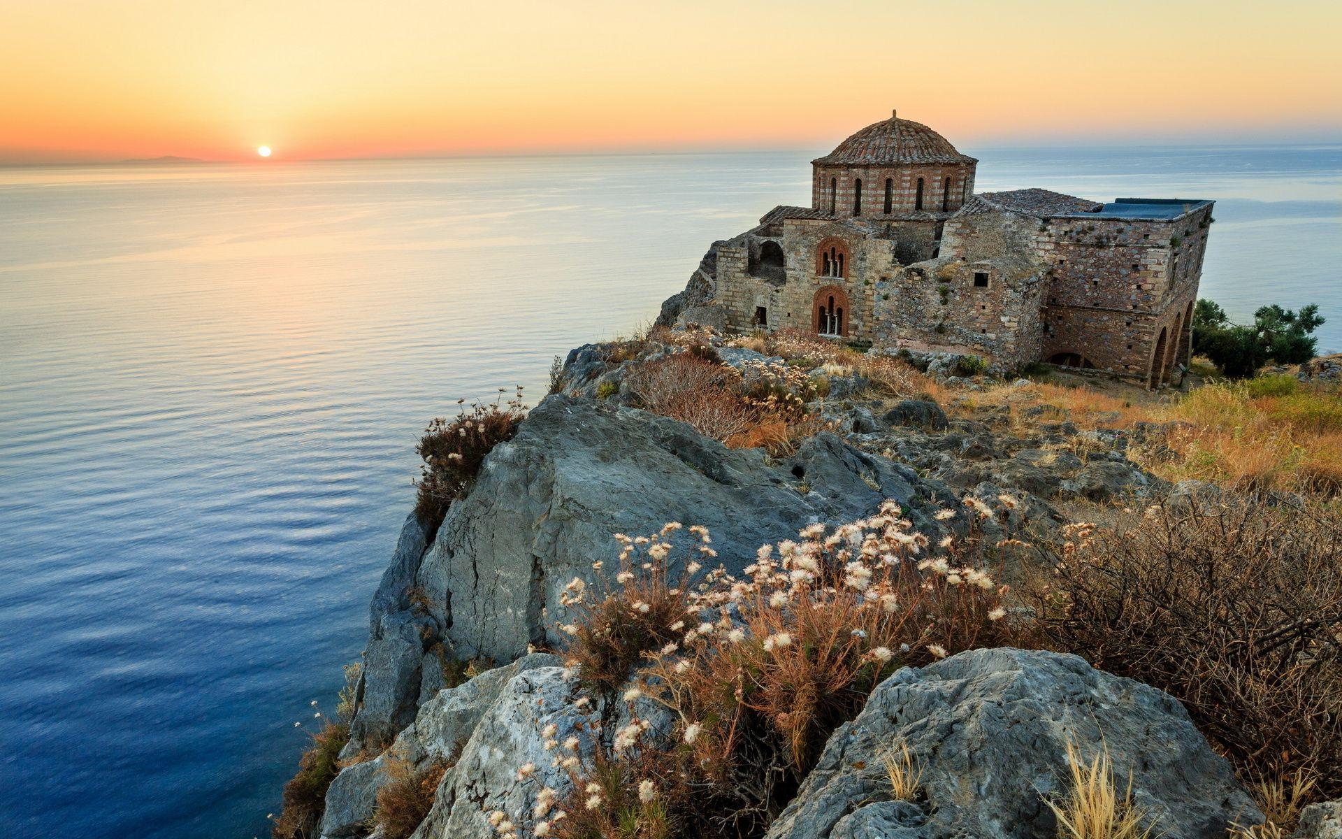 1920x1200 Sunset sea ruins landscape ocean sky buildings ruins wallpaperx1200