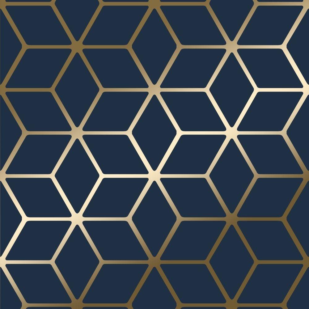 1000x1000 House of Alice Cubic Shimmer Metallic Wallpaper Navy Blue Gold