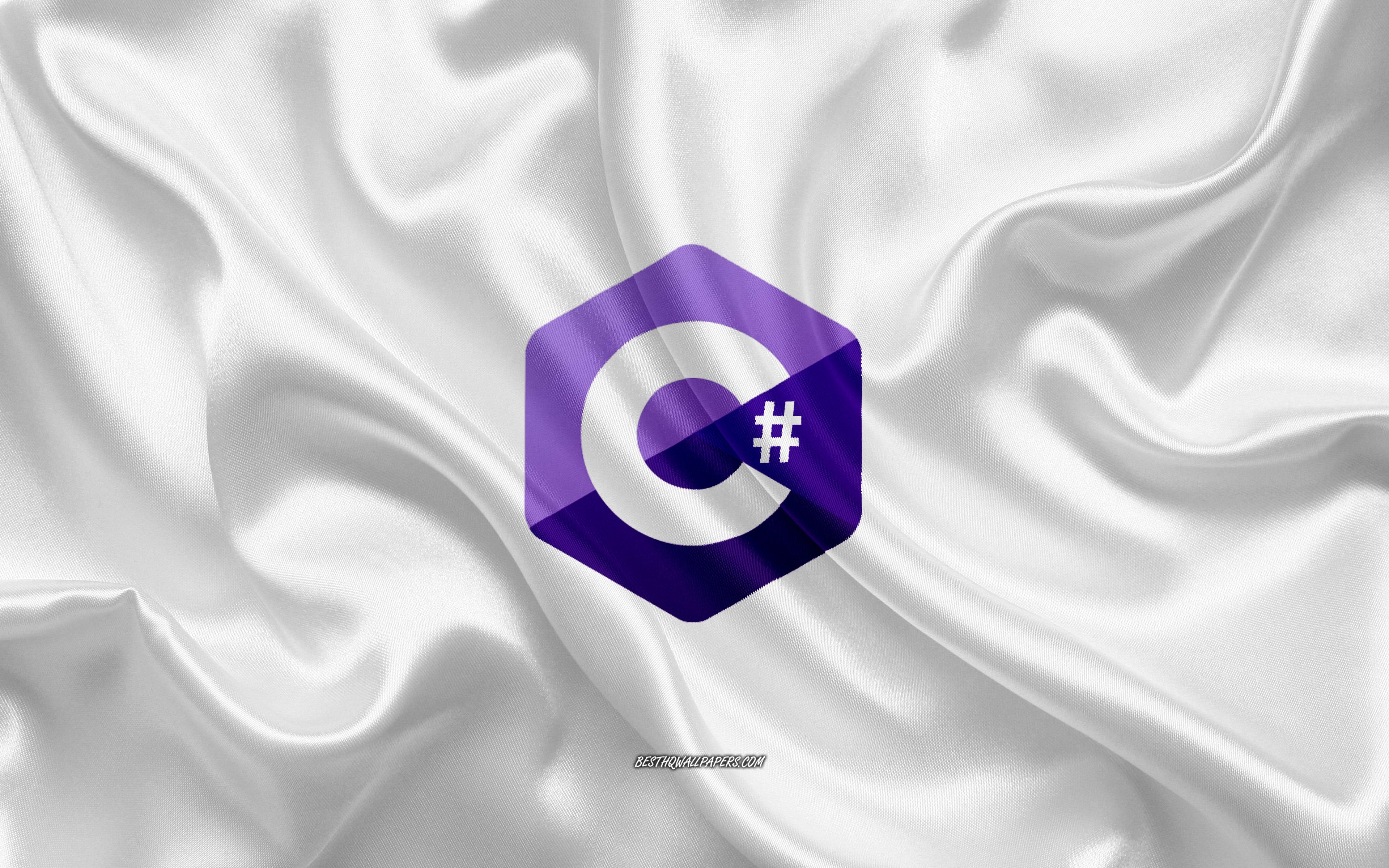 3840x2400 Download wallpaper C Sharp logo, white silk texture, C Sharp emblem, programming language, C Sharp, silk background for desktop with resolution 3840x2400. High Quality HD picture wallpaper