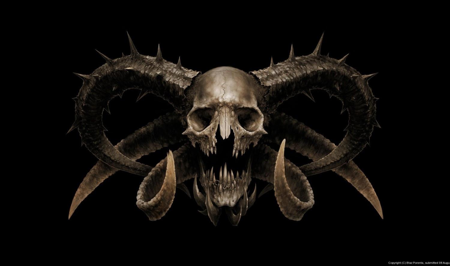 1500x888 Download 1500x888 Dark, Skull, Horns, Sharp Teeth, Creature Wallpaper