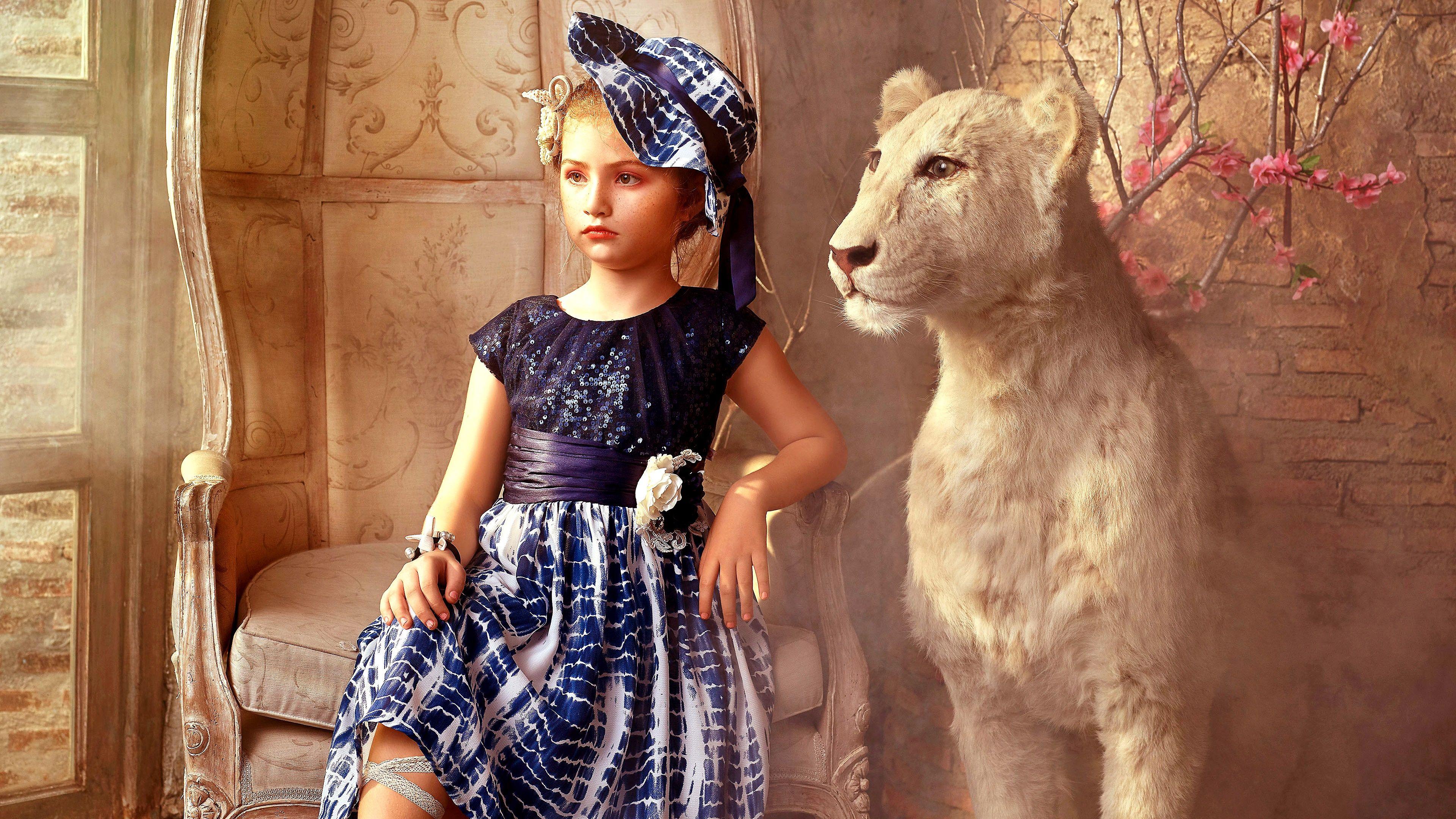 3840x2160 Cute Girl With A White Lion Portrait 4K UltraHD Wallpaper