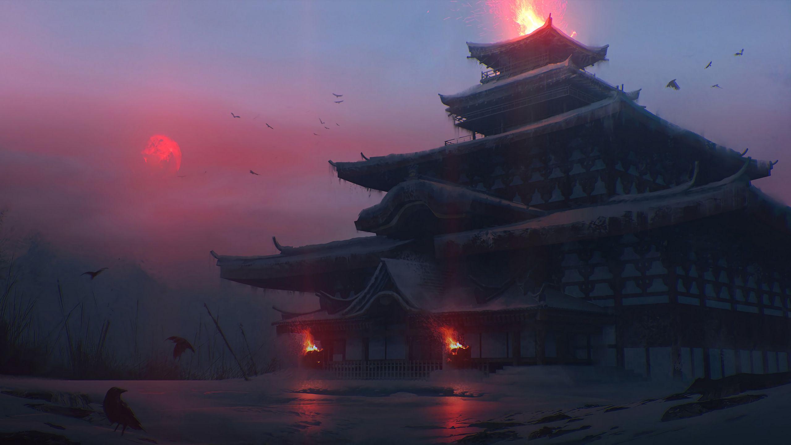 2560x1440 Download wallpaper 2560x1440 pagoda, temple, castle, japanese temple, fantasy, art widescreen 16:9 HD background