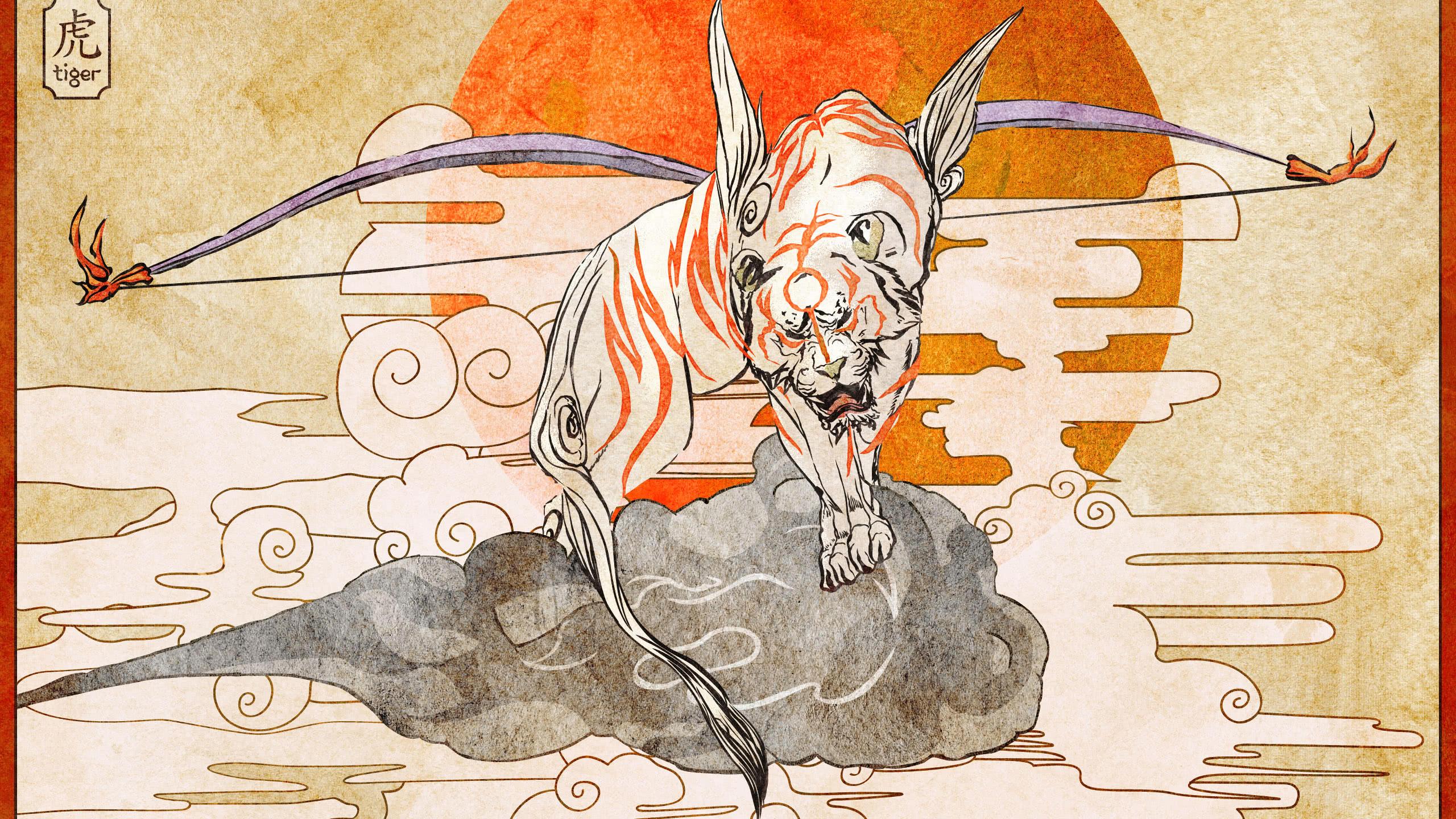 2560x1440 Japanese Art Kami Tiger Wqhd 1440p Wallpaper