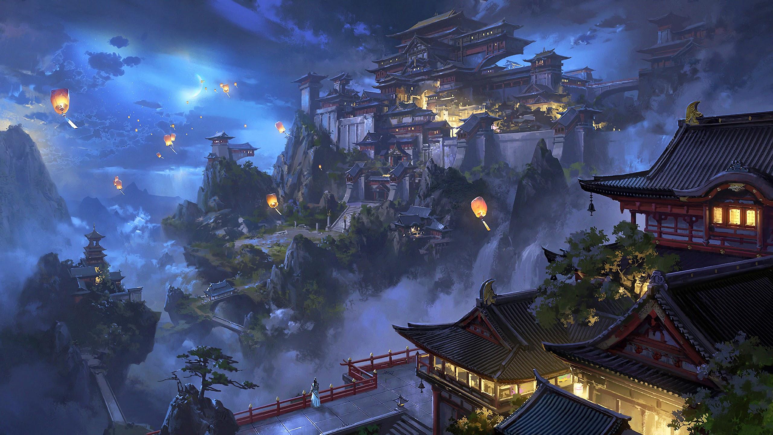 2560x1440 Anime Sky Lantern Mountain Japanese Castle Night Scenery 4K Wallpaper