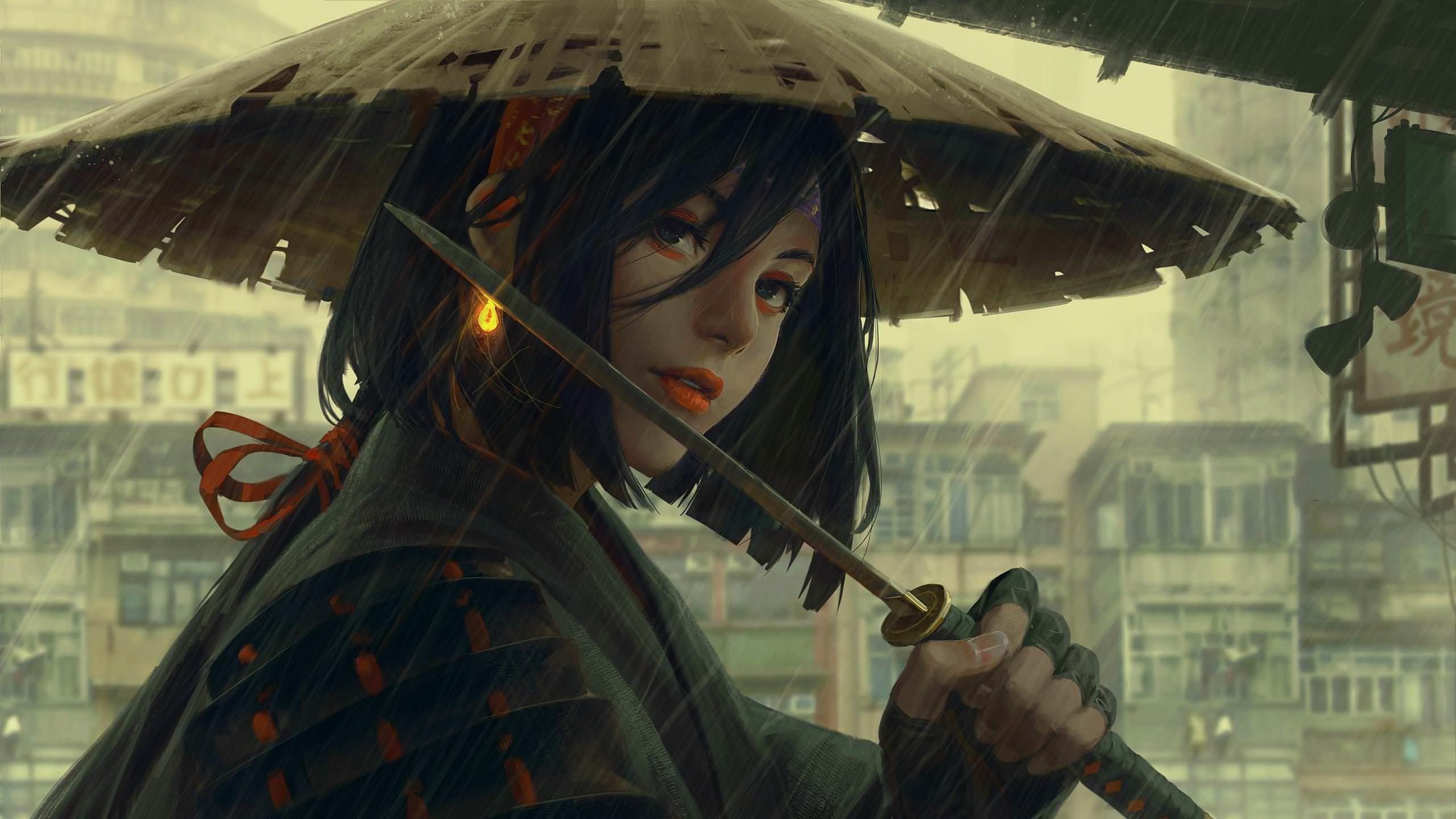 2560x1440 Japanese Warrior In Rain 1440P Resolution Wallpaper, HD Fantasy 4K Wallpaper, Image, Photo and Background