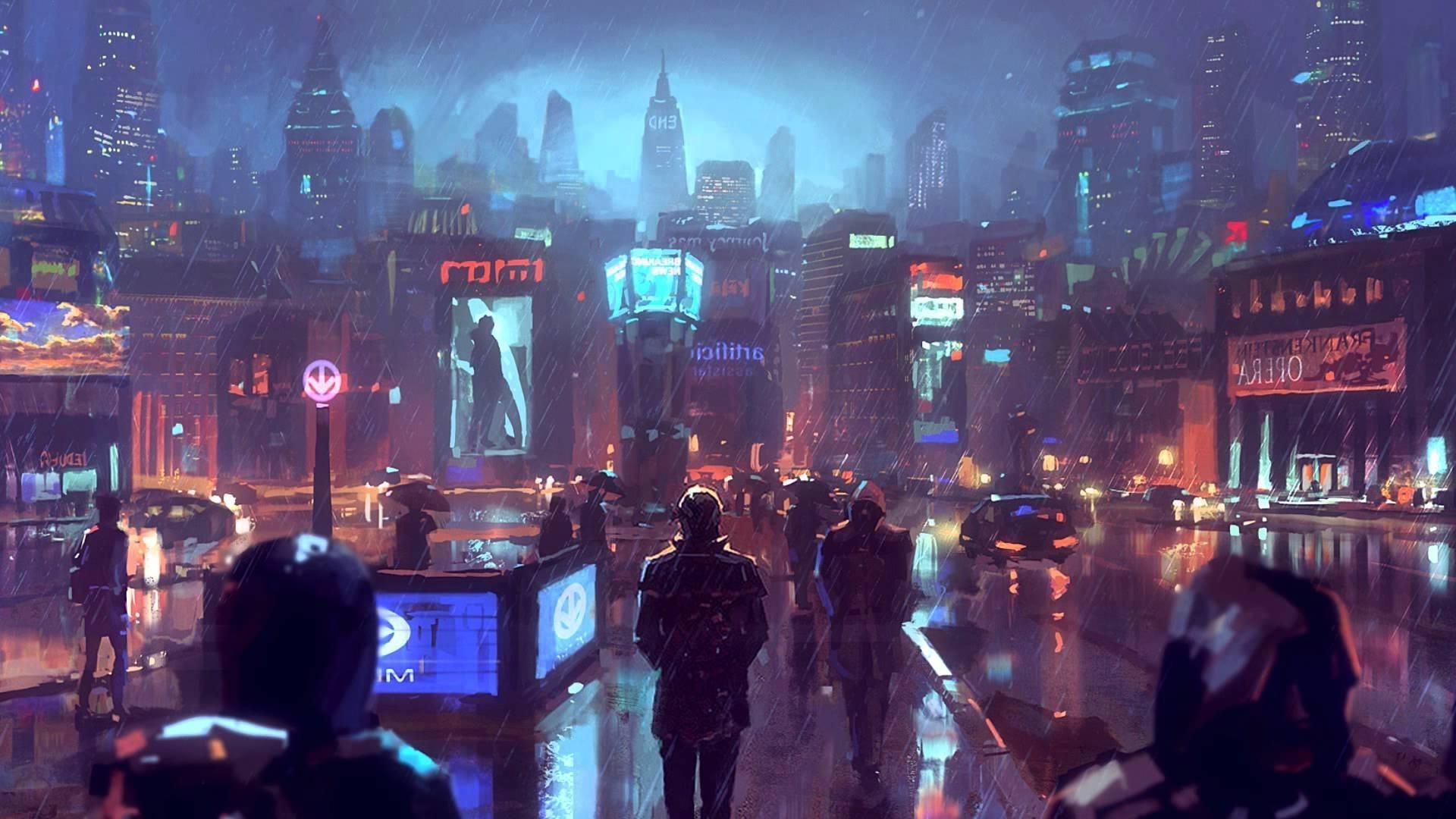 1920x1080 Wallpaper Cyberpunk City, Skyscrapers, Raining, People, Sci Fi:1920x1080