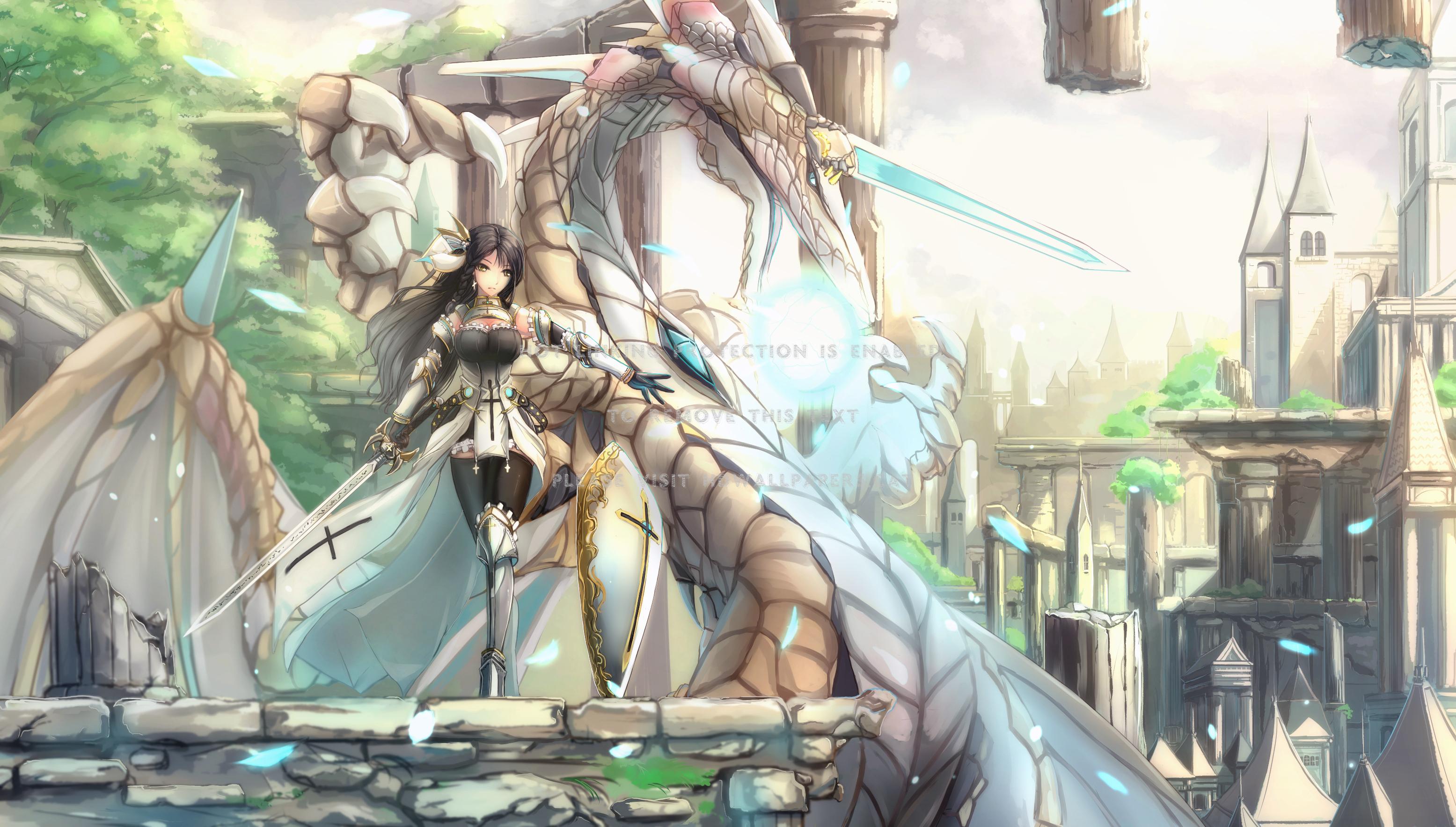 3111x1767 water dragon anime crystal cute warrior art