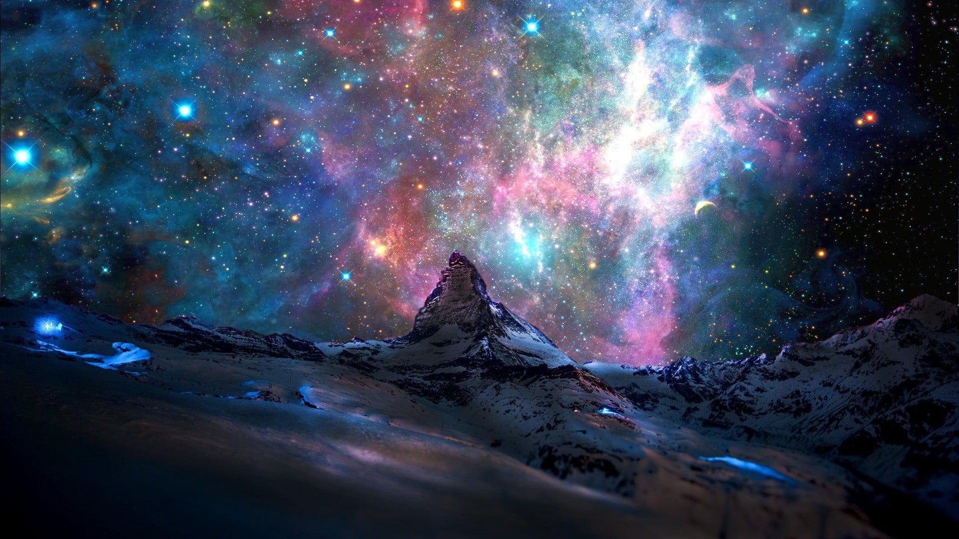 1920x1080 Galaxy Wallpaper, Cosmic Ray Illustration, Stars, Mountains, Nebula • Wallpaper For You