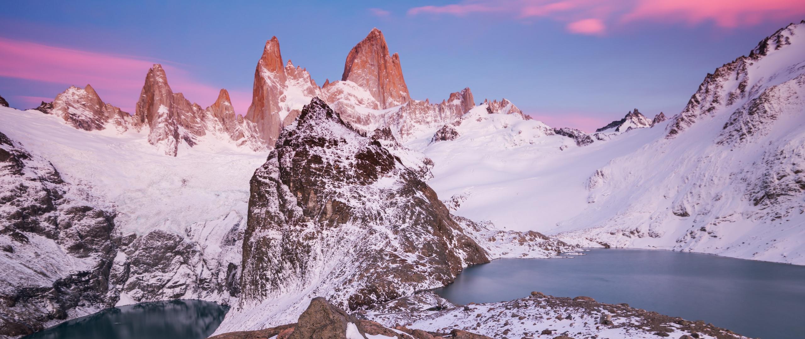 2560x1080 Glacier mountains Wallpaper 4K, Snow covered, Body of Water, Winter, Sunrise, Nature