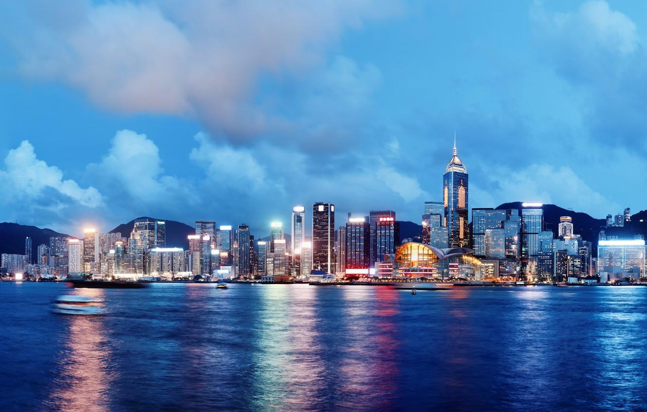 1332x850 Wallpaper sea, the sky, clouds, night, city, the city, lights, lights, river, building, ships, Hong Kong, horizon, China, river, skyline image for desktop, section город
