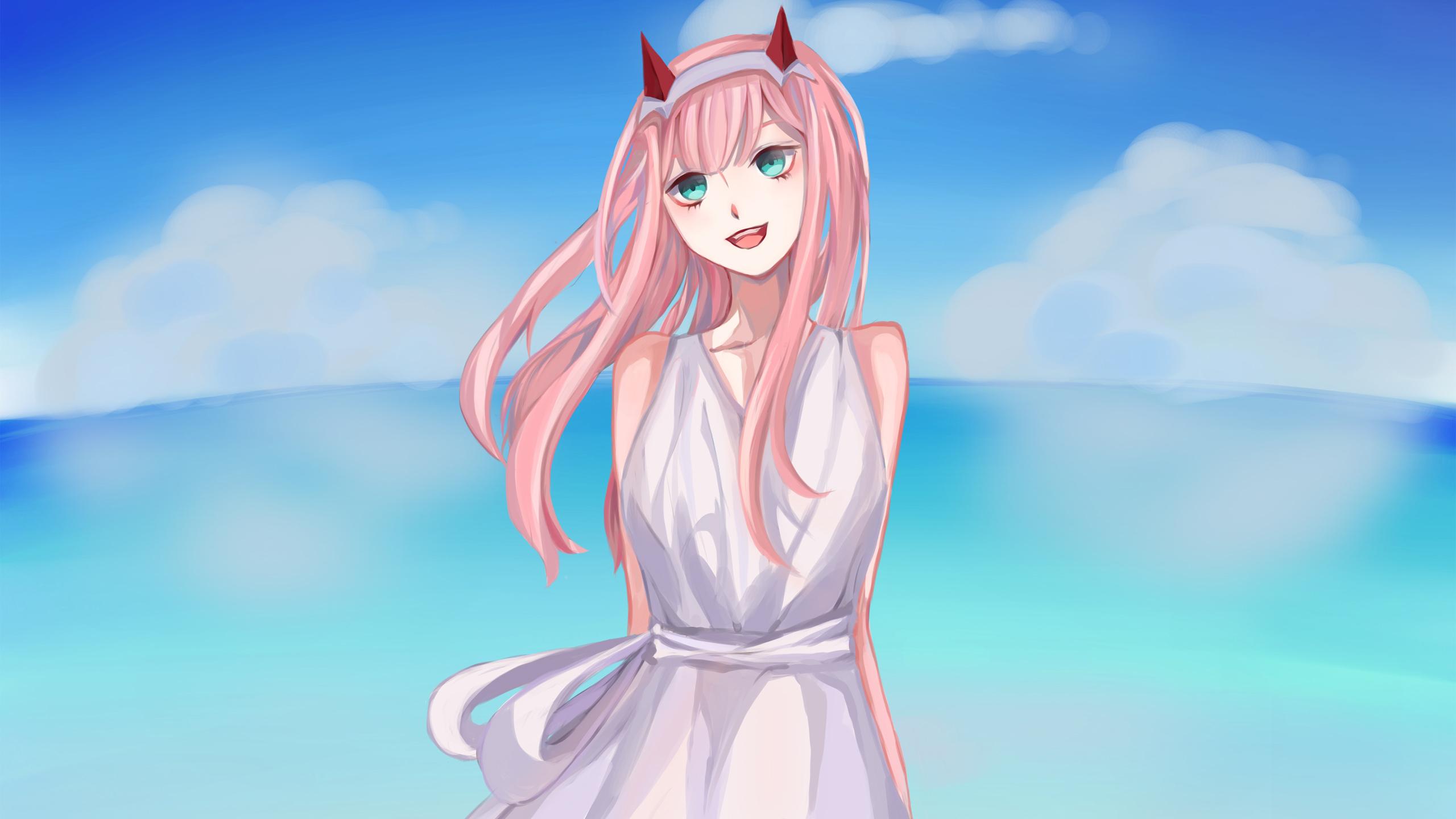 2560x1440 darling in the franxx zero two with pink hair and red horn with background of blue sky and clouds HD anime Wallpaper