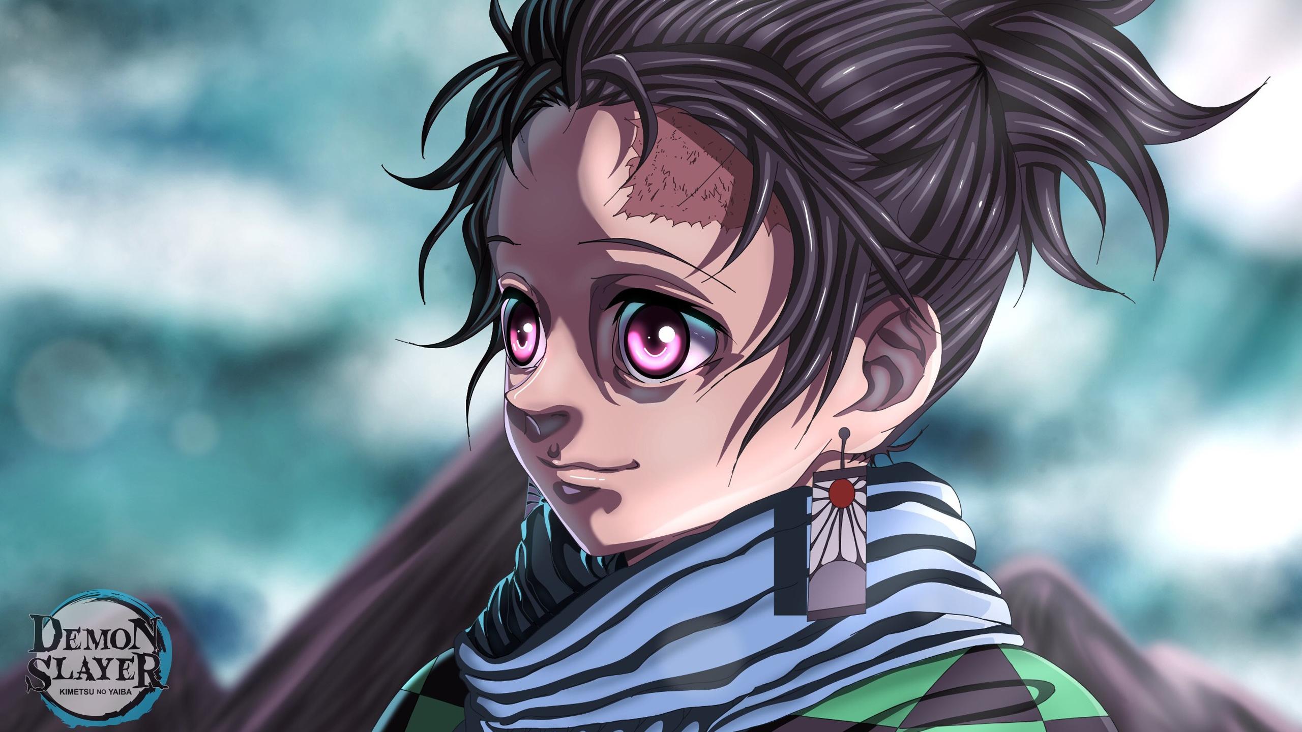 2560x1440 Demon Slayer Tanjiro Kamado With Pink Eyes With Shallow Background HD Anime Wallpaper