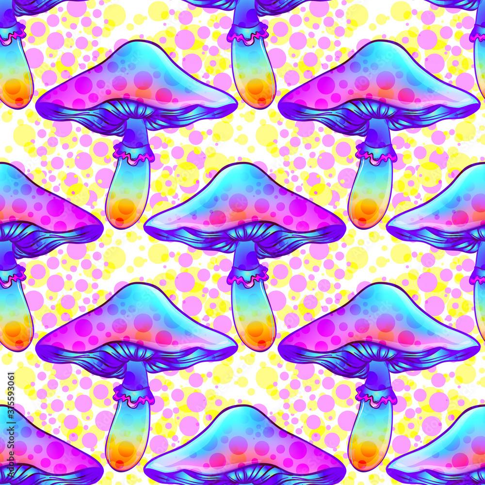 1000x1000 Magic mushrooms. Seamless pattern. Psychedelic hallucination. Vibrant vector illustration. 60s hippie colorful art. Hand drawn element in ethnic style. Spiritual background, wallpaper texture. Stock Vector