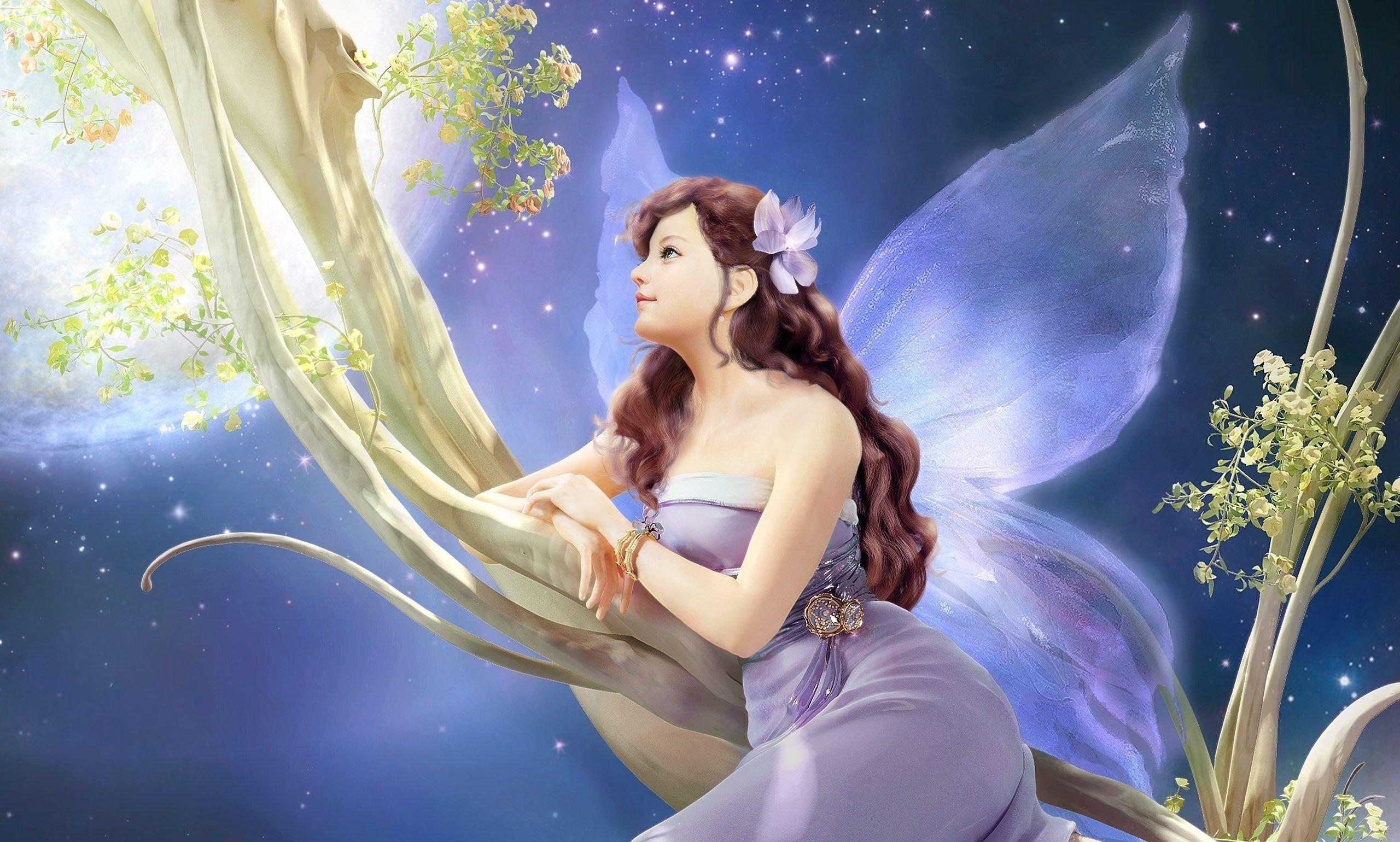 2560x1540 art, Girl, Wings, Fairy, Moon, Night, Tree, Branch, Flower, Jewelry Wallpaper HD / Desktop and Mobile Background