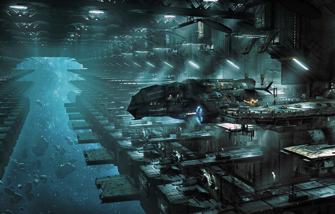1332x850 Wallpaper Space, Fantasy, Science Fiction, Stars, Spaceship, Sci Fi, Digital Art, Artwork, Fantasy Art, Futuristic, Spaceport, Spacestation, Asteroids, Wojtek Fus Image For Desktop, Section фантастика