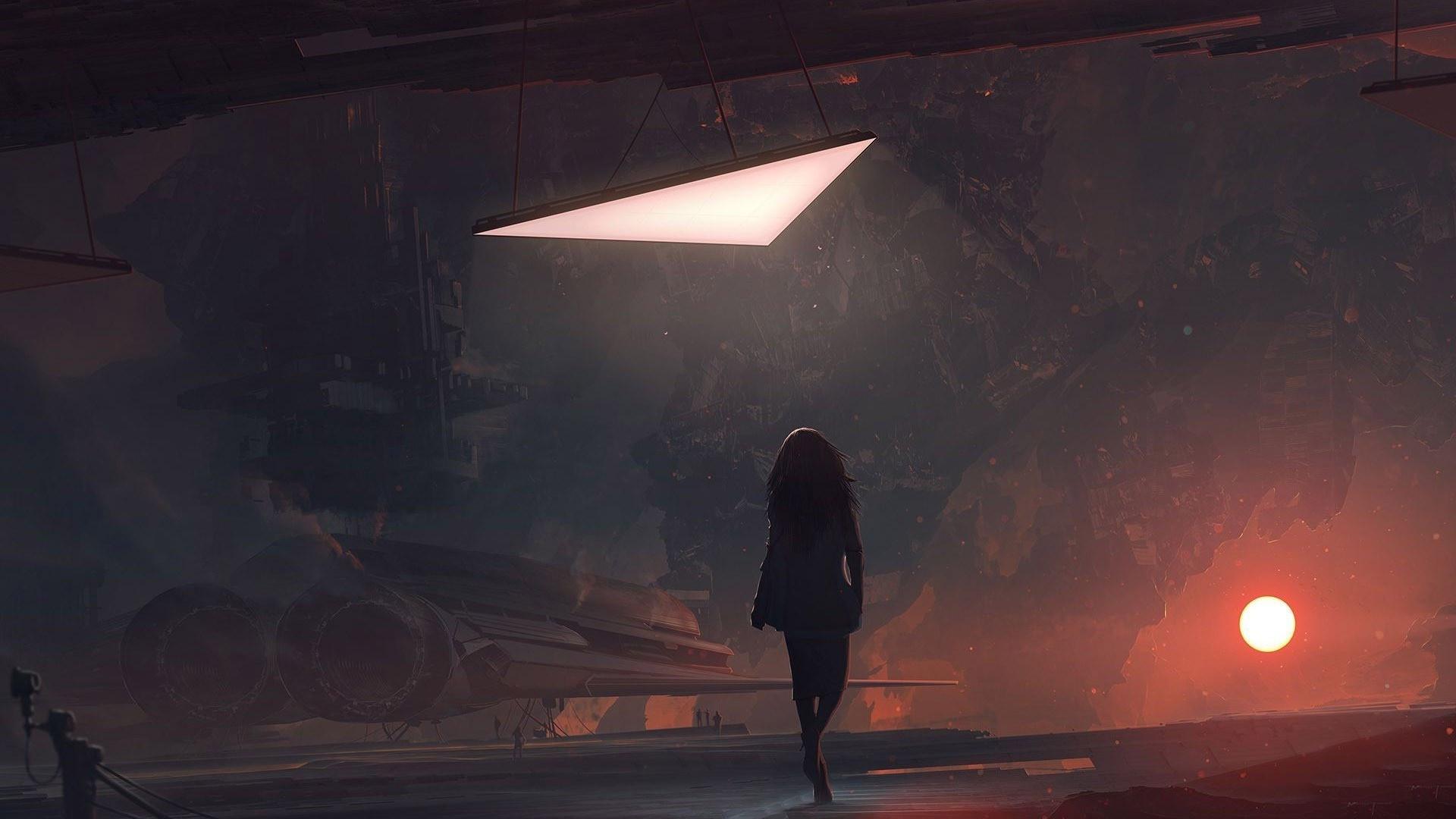 1920x1080 Wallpaper Girl, Planet, Fantasy Landscape, Sci Fi, Concept Art, Space Station, Light:1920x1080